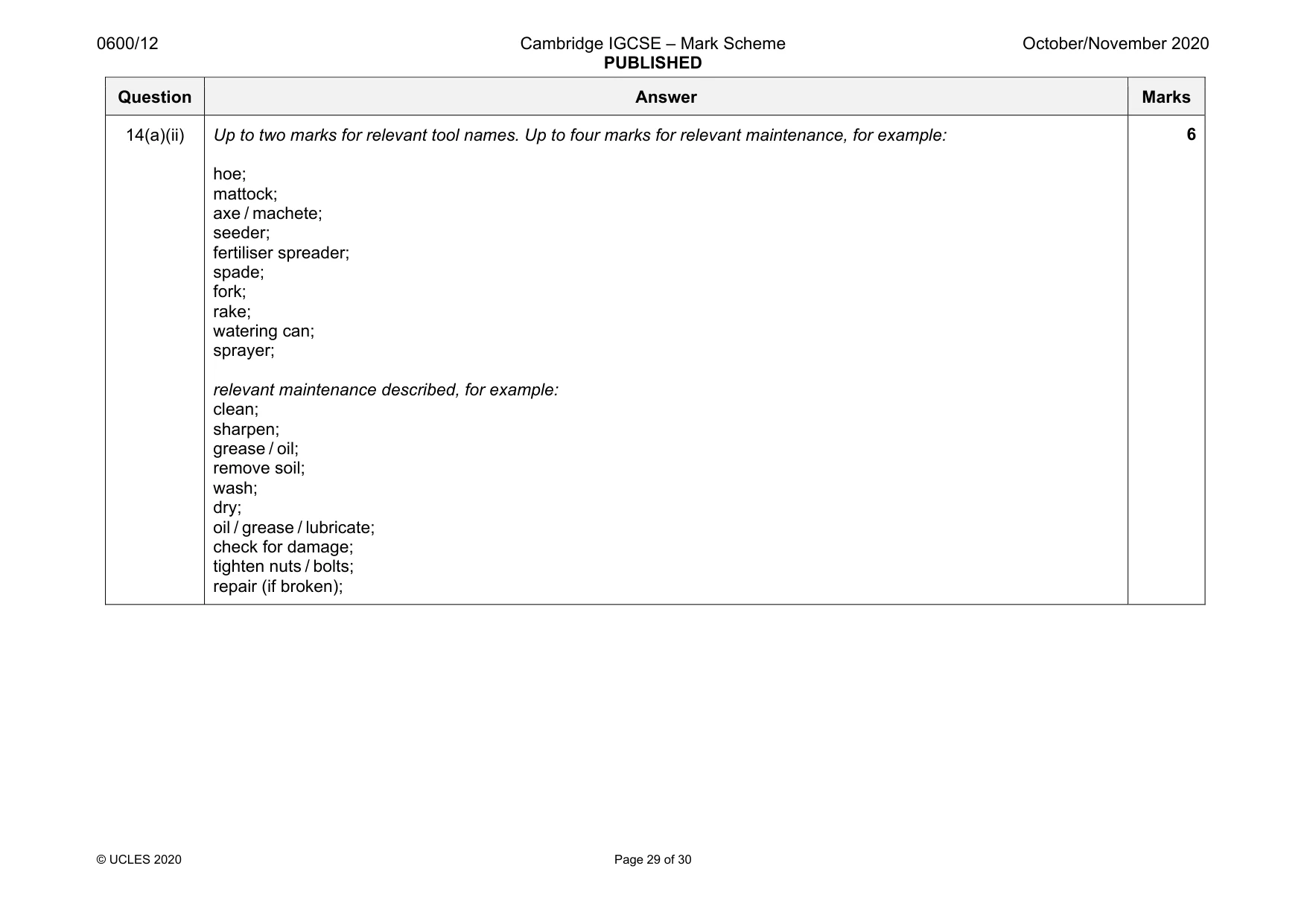 Mark scheme, page 29 of 30