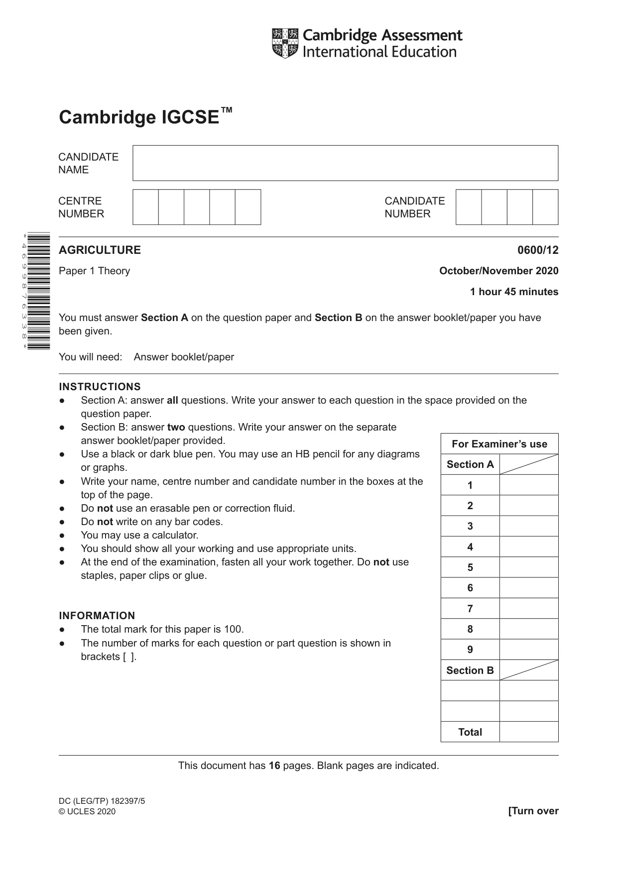Cambridge IGCSE Agriculture 0600 2020 Oct/Nov Paper 1 · Variant 2 question paper, page 1 of 16