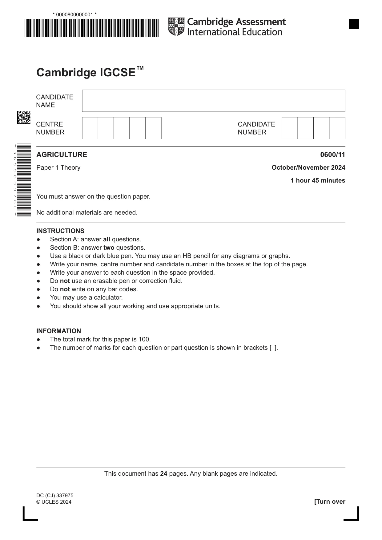 Cambridge IGCSE Agriculture 0600 2024 Oct/Nov Paper 1 · Variant 1 question paper, page 1 of 24