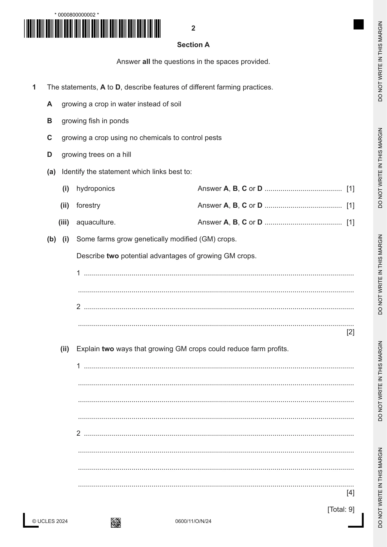 Cambridge IGCSE Agriculture 0600 2024 Oct/Nov Paper 1 · Variant 1 question paper, page 2 of 24