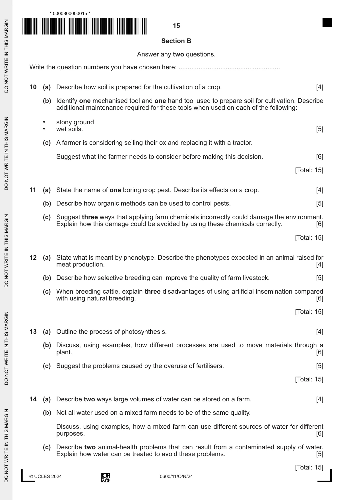 Cambridge IGCSE Agriculture 0600 2024 Oct/Nov Paper 1 · Variant 1 question paper, page 15 of 24