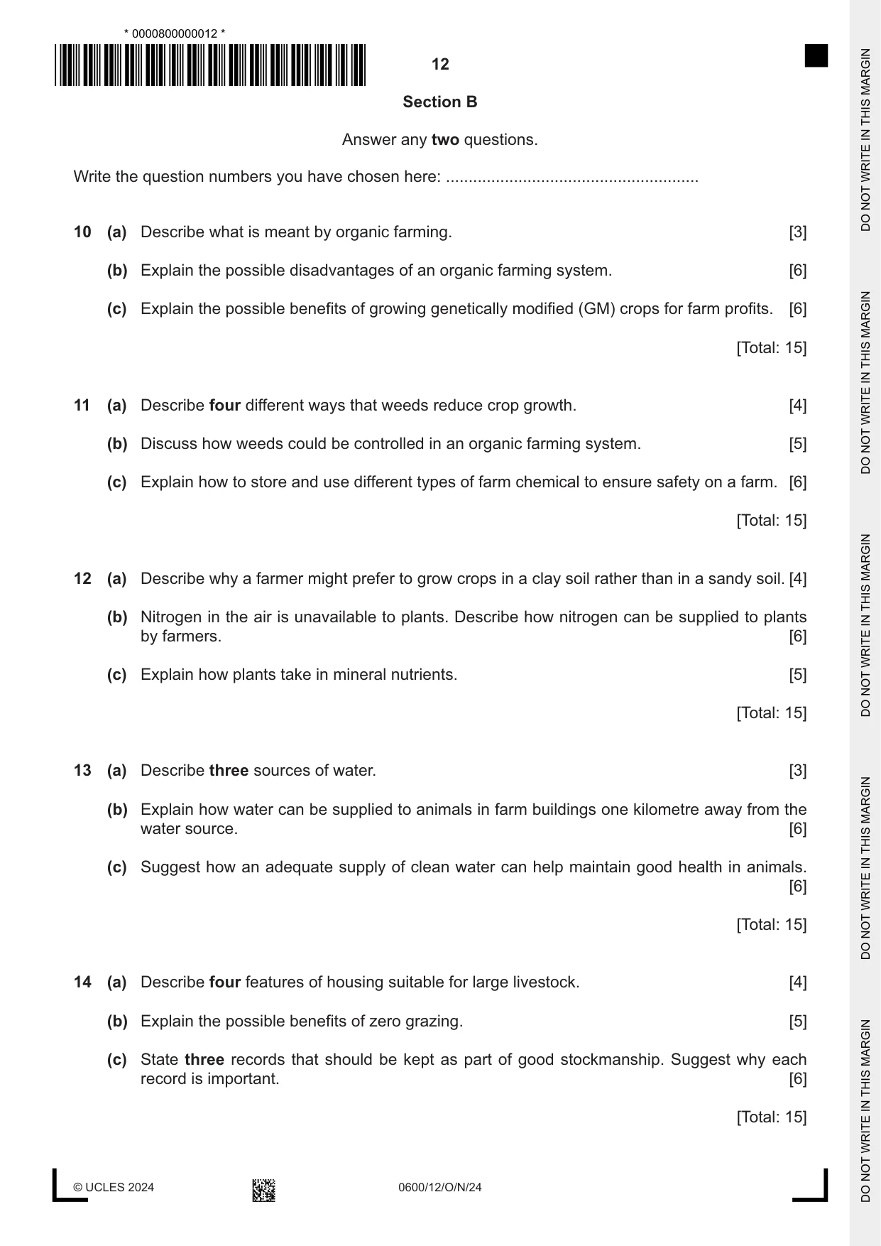 Cambridge IGCSE Agriculture 0600 2024 Oct/Nov Paper 1 · Variant 2 question paper, page 12 of 20