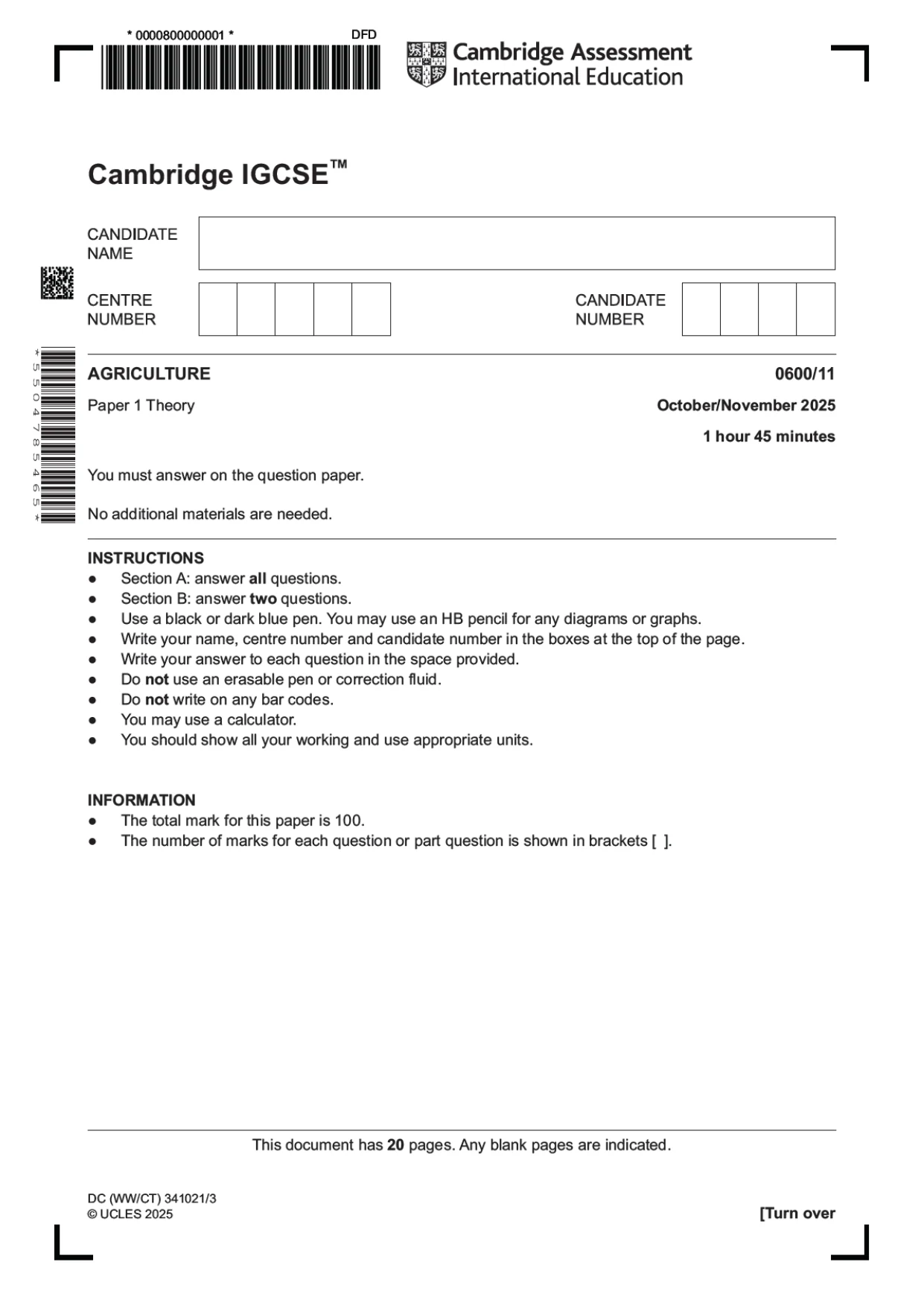 Cambridge IGCSE Agriculture 0600 2025 Oct/Nov Paper 1 · Variant 1 question paper, page 1 of 20