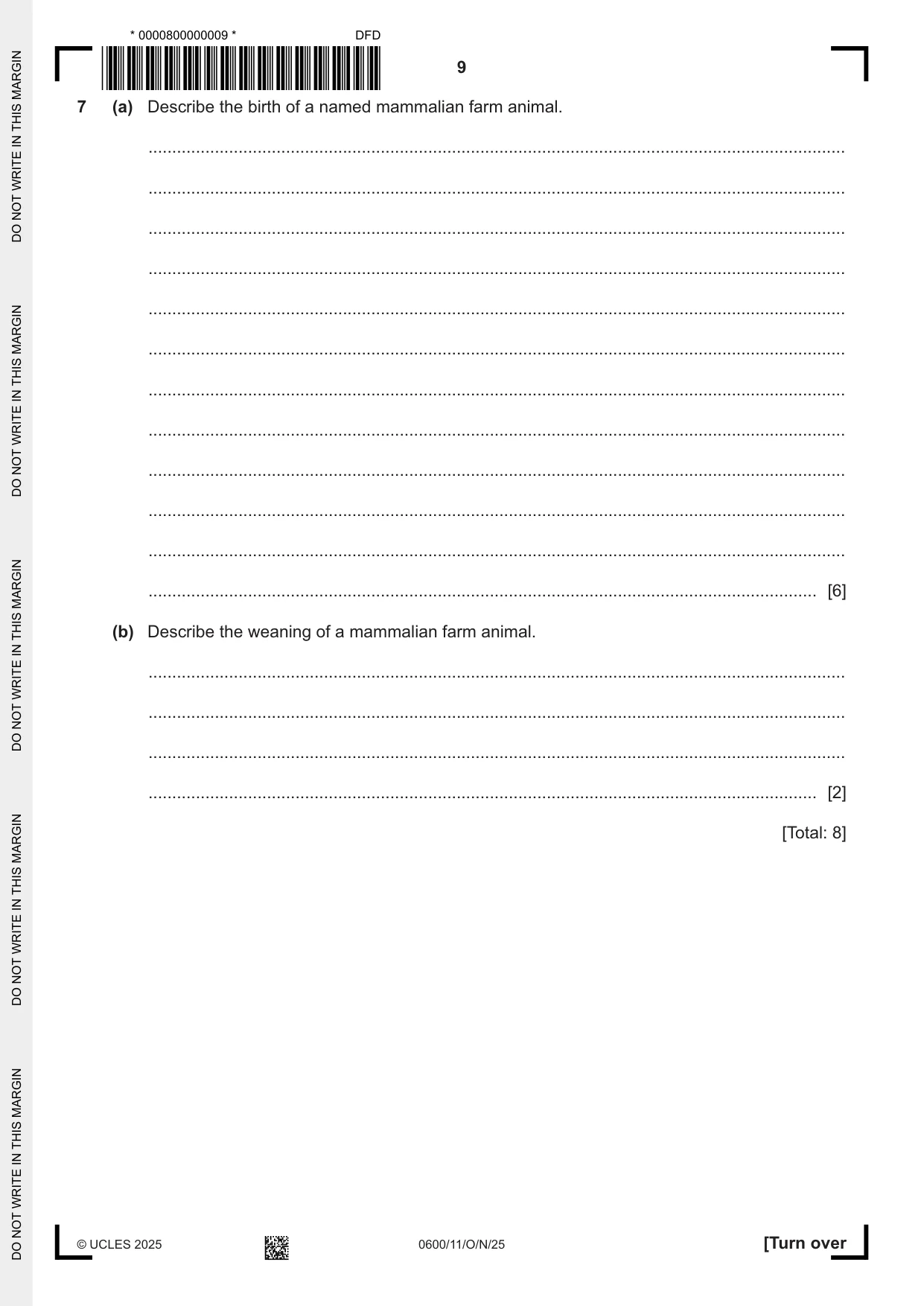 Cambridge IGCSE Agriculture 0600 2025 Oct/Nov Paper 1 · Variant 1 question paper, page 9 of 20