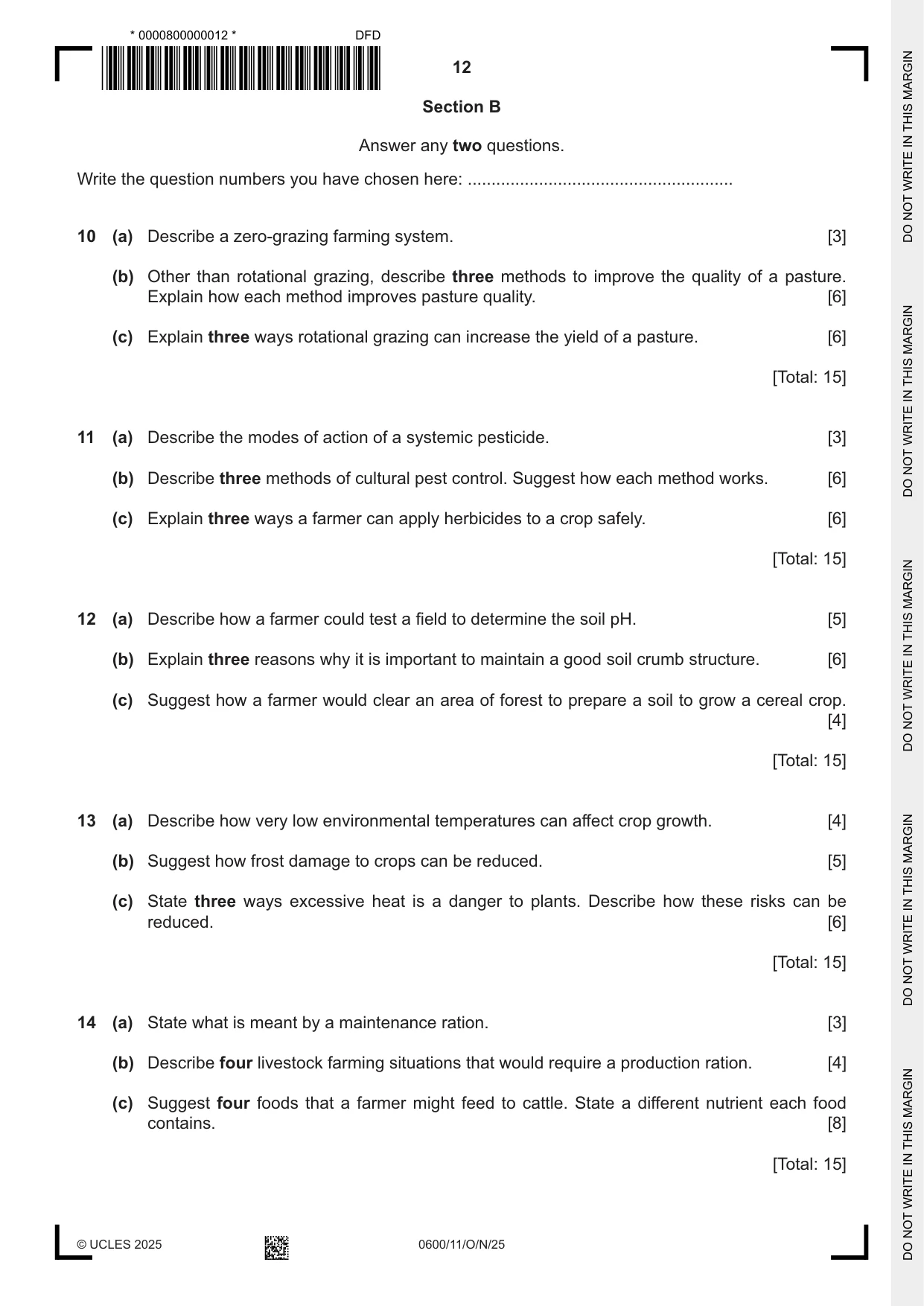 Cambridge IGCSE Agriculture 0600 2025 Oct/Nov Paper 1 · Variant 1 question paper, page 12 of 20