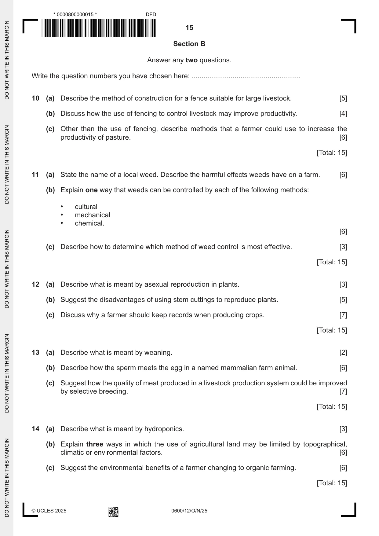 Cambridge IGCSE Agriculture 0600 2025 Oct/Nov Paper 1 · Variant 2 question paper, page 15 of 24