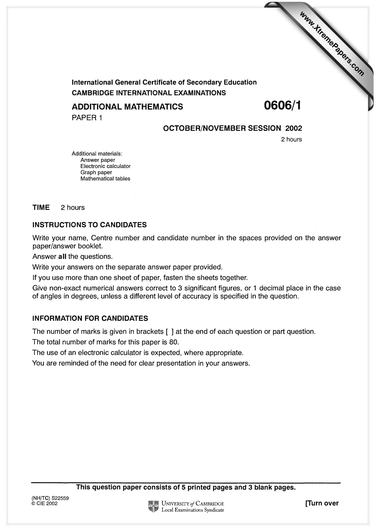 Cambridge IGCSE Mathematics - Additional 0606 2002 Oct/Nov Paper 1 · Variant 1 question paper, page 1 of 8