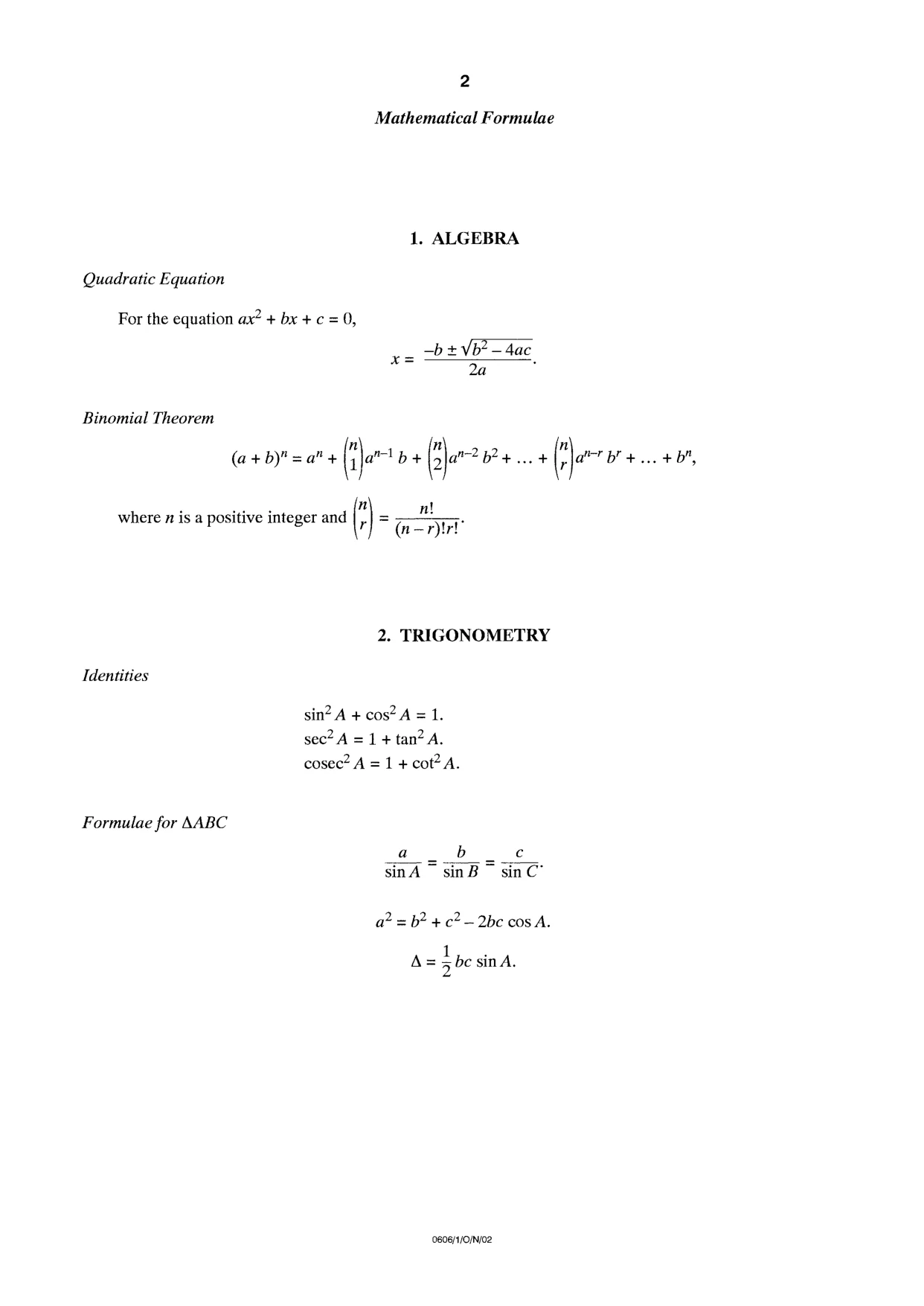 Cambridge IGCSE Mathematics - Additional 0606 2002 Oct/Nov Paper 1 · Variant 1 question paper, page 2 of 8