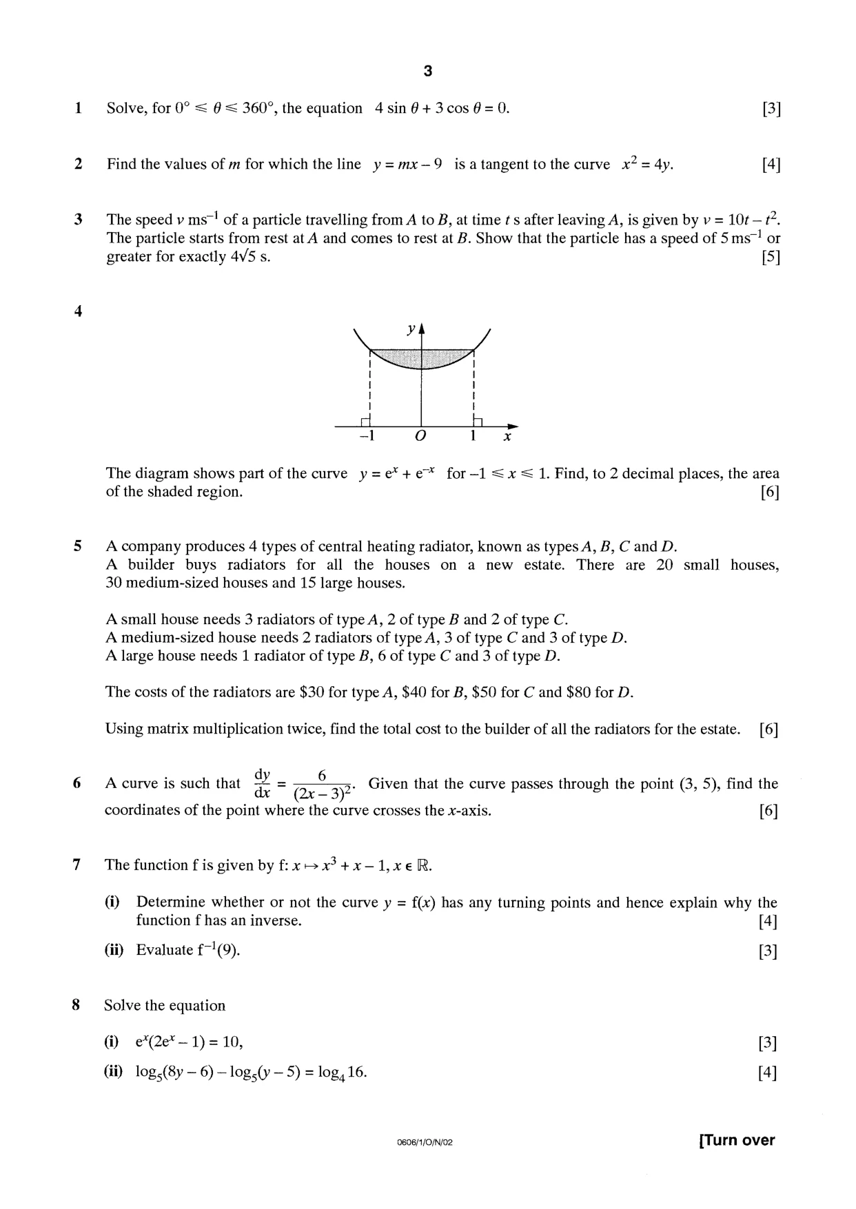 Cambridge IGCSE Mathematics - Additional 0606 2002 Oct/Nov Paper 1 · Variant 1 question paper, page 3 of 8
