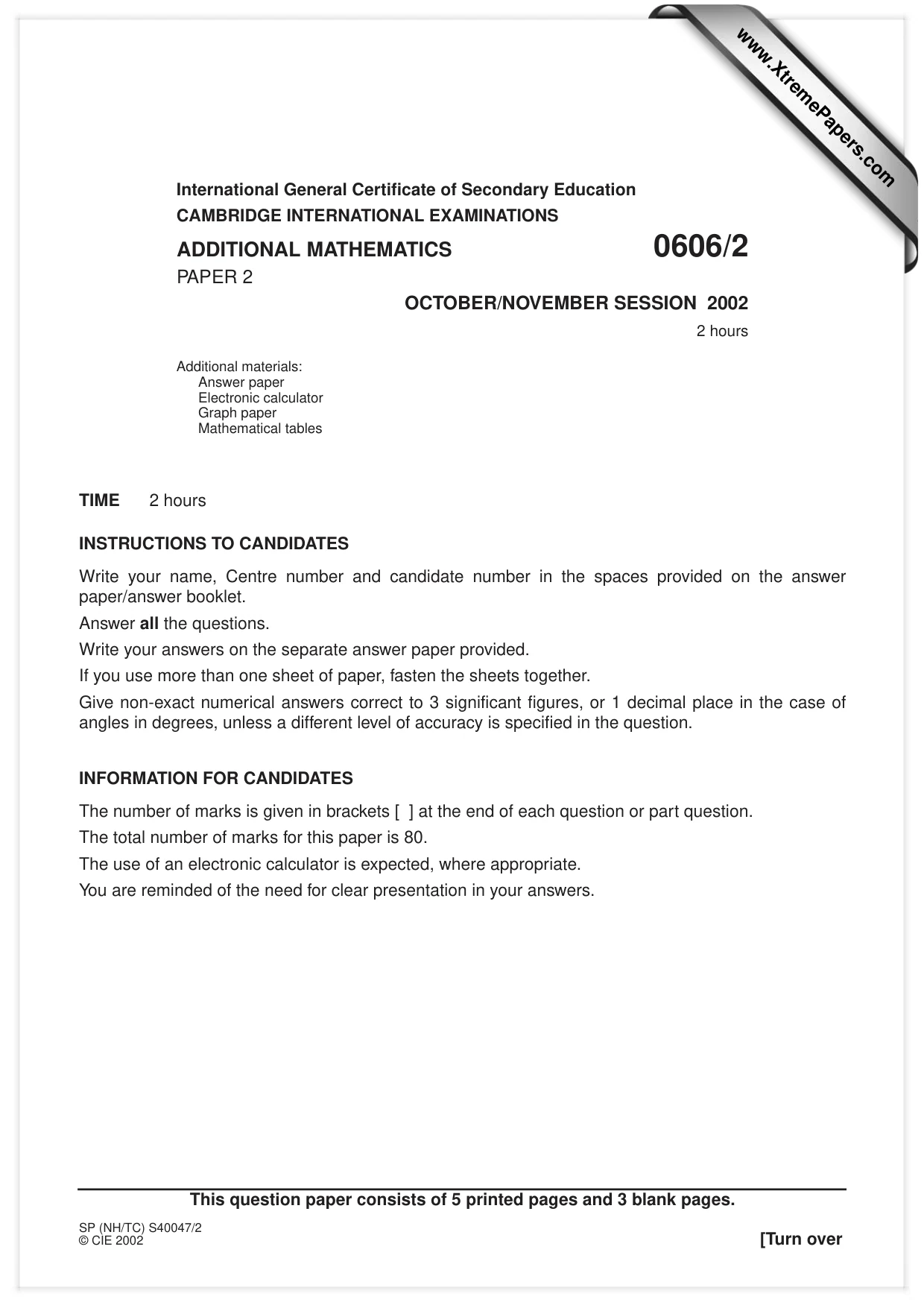 Cambridge IGCSE Mathematics - Additional 0606 2002 Oct/Nov Paper 2 · Variant 1 question paper, page 1 of 8