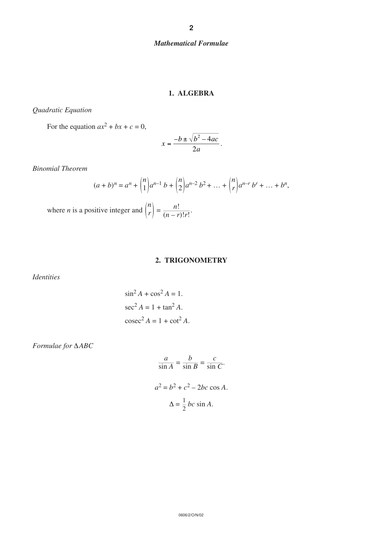 Cambridge IGCSE Mathematics - Additional 0606 2002 Oct/Nov Paper 2 · Variant 1 question paper, page 2 of 8