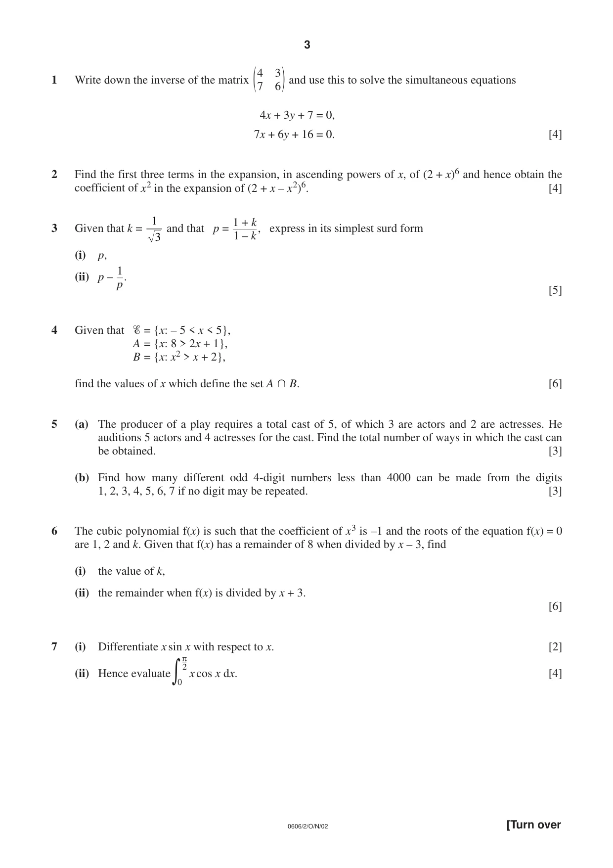 Cambridge IGCSE Mathematics - Additional 0606 2002 Oct/Nov Paper 2 · Variant 1 question paper, page 3 of 8