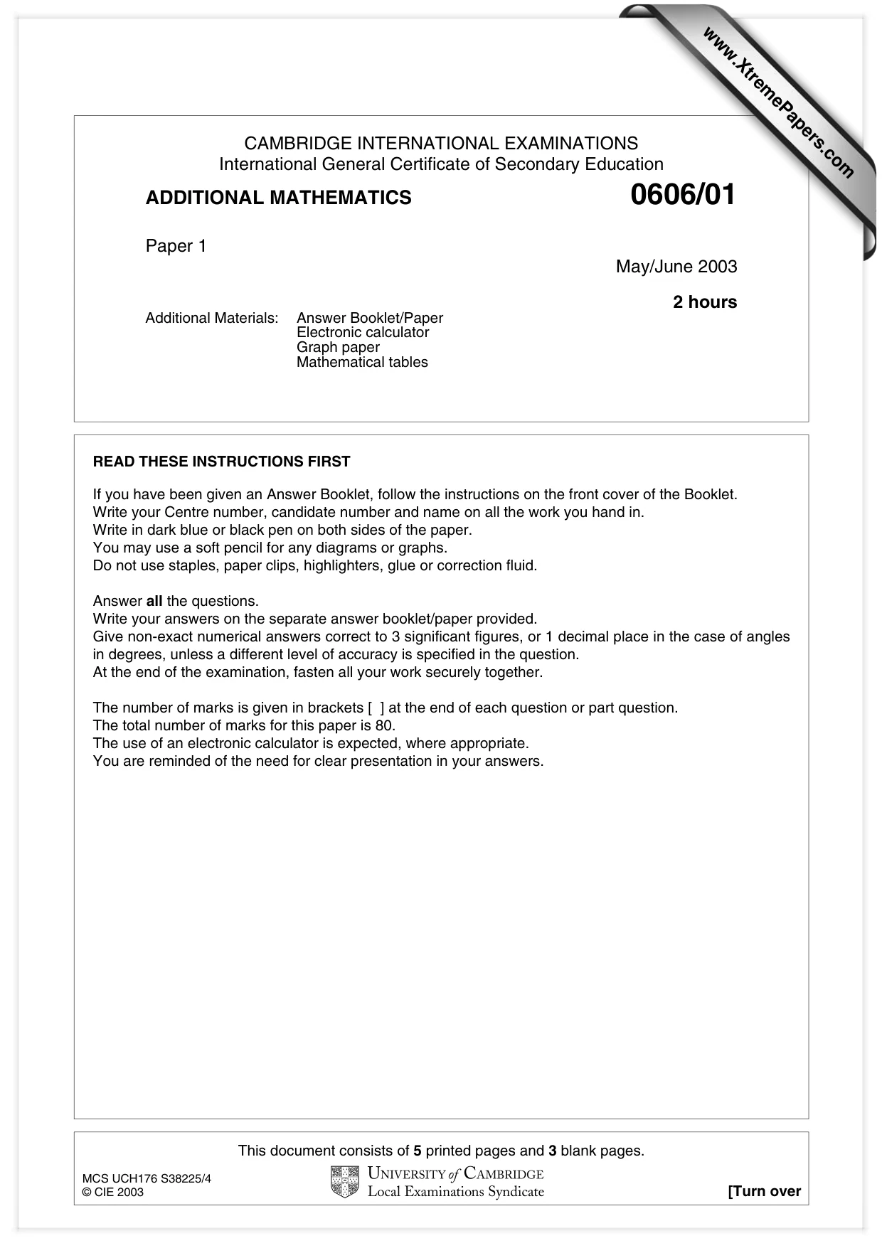 Cambridge IGCSE Mathematics - Additional 0606 2003 May/June Paper 1 · Variant 1 question paper, page 1 of 8