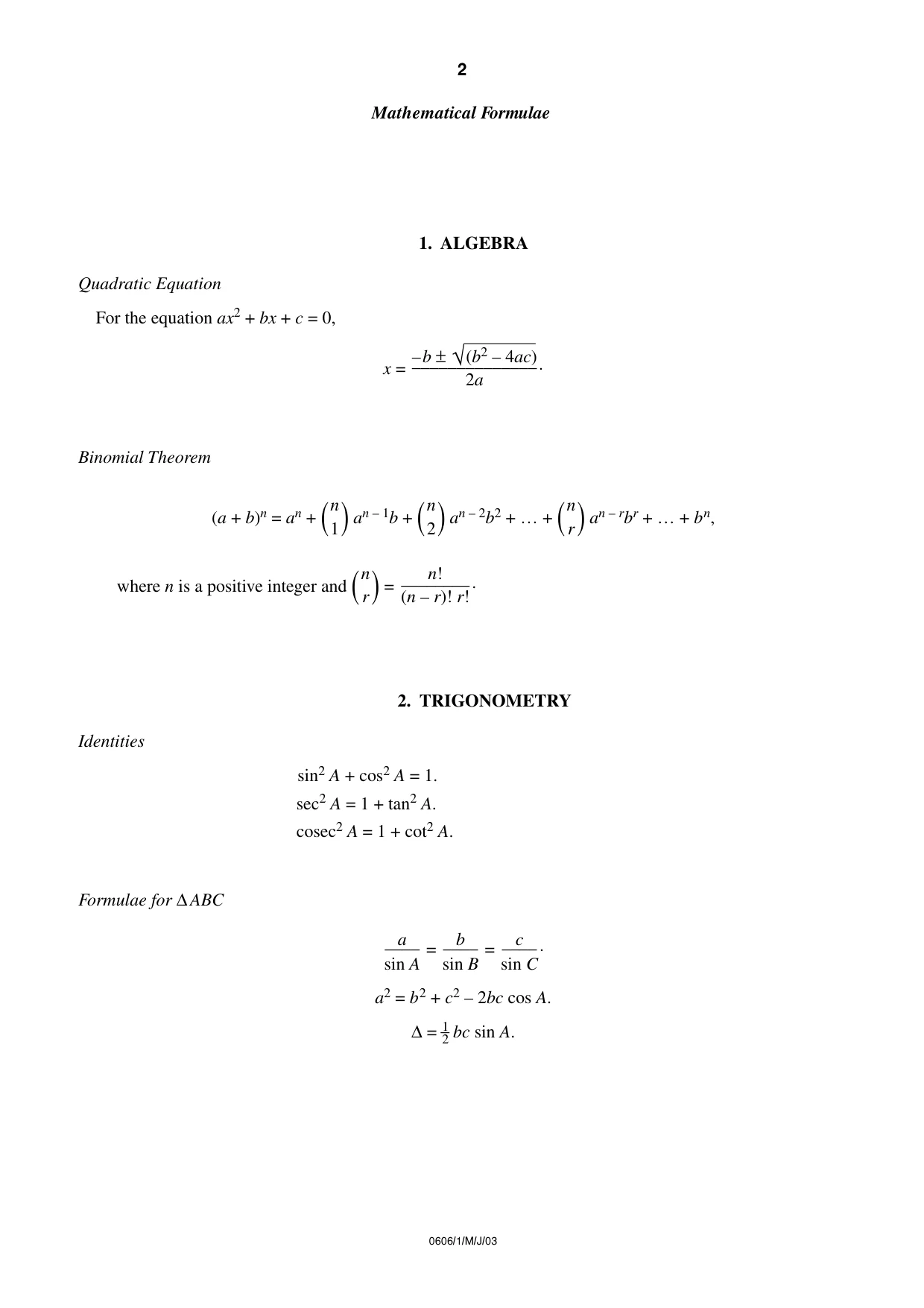 Cambridge IGCSE Mathematics - Additional 0606 2003 May/June Paper 1 · Variant 1 question paper, page 2 of 8