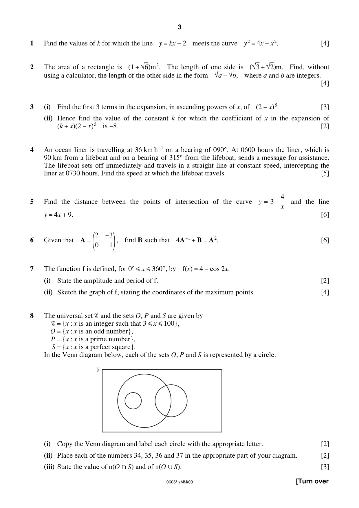 Cambridge IGCSE Mathematics - Additional 0606 2003 May/June Paper 1 · Variant 1 question paper, page 3 of 8