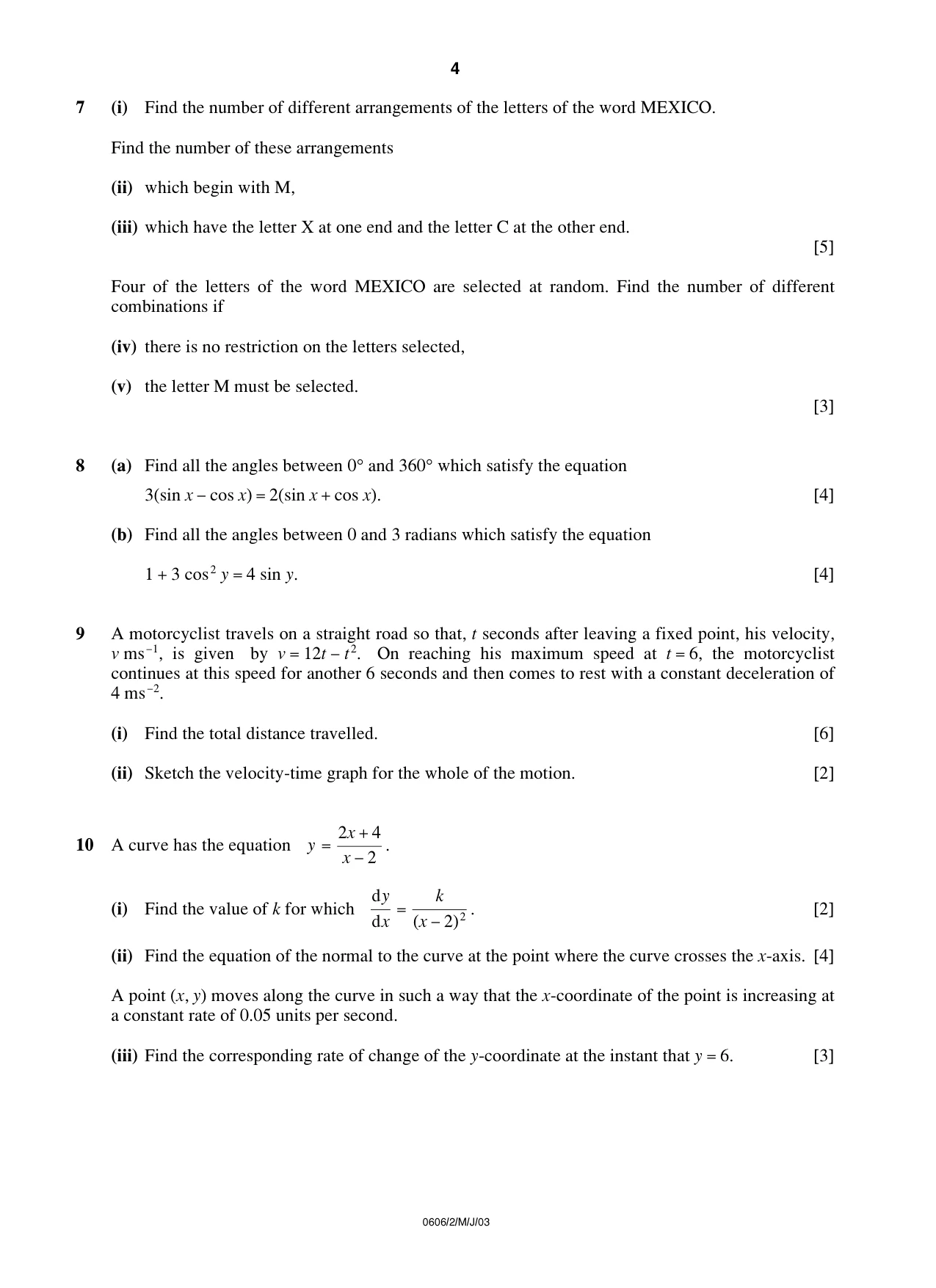 Cambridge IGCSE Mathematics - Additional 0606 2003 May/June Paper 2 · Variant 1 question paper, page 4 of 8