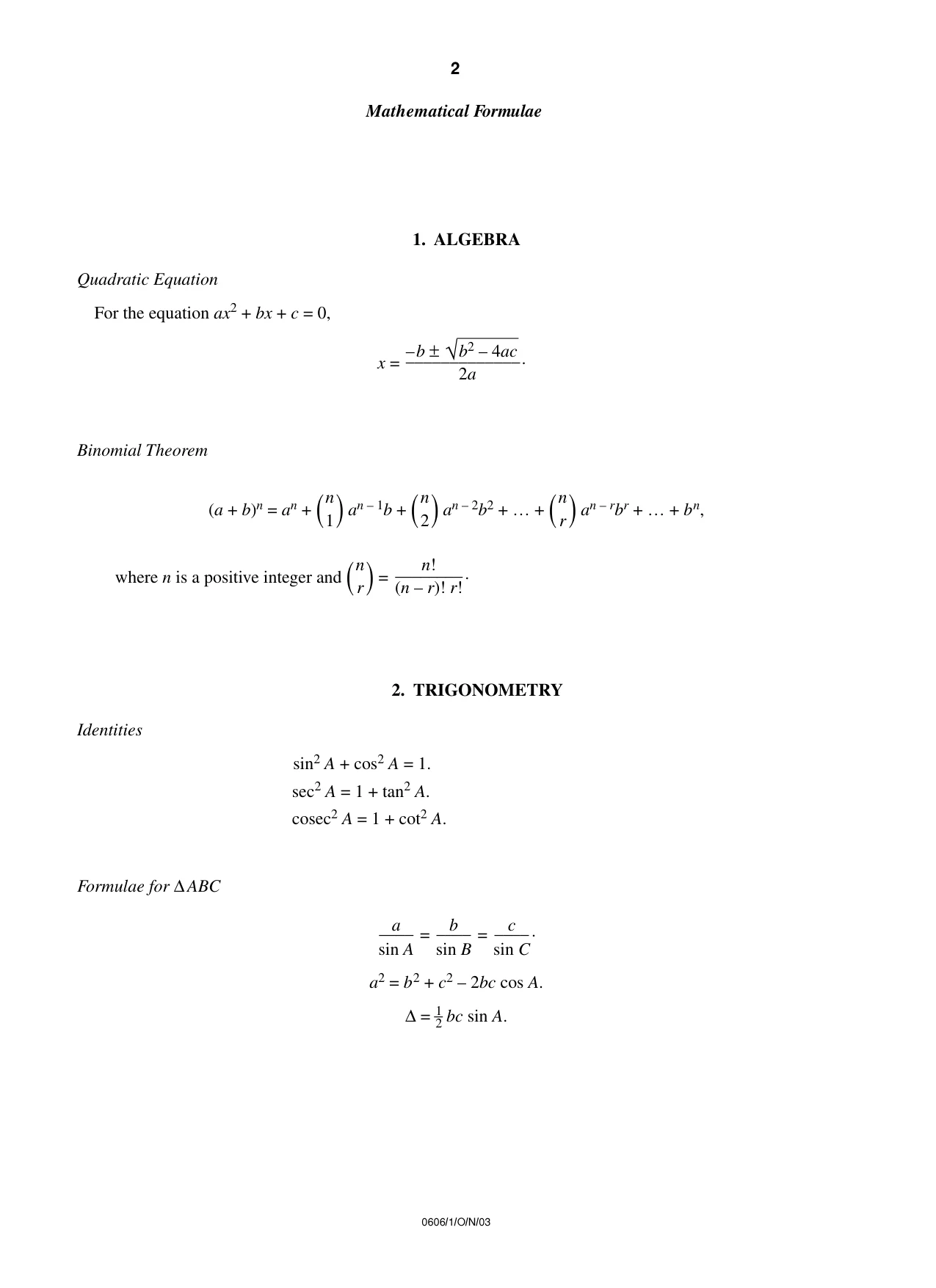 Cambridge IGCSE Mathematics - Additional 0606 2003 Oct/Nov Paper 1 · Variant 1 question paper, page 2 of 8