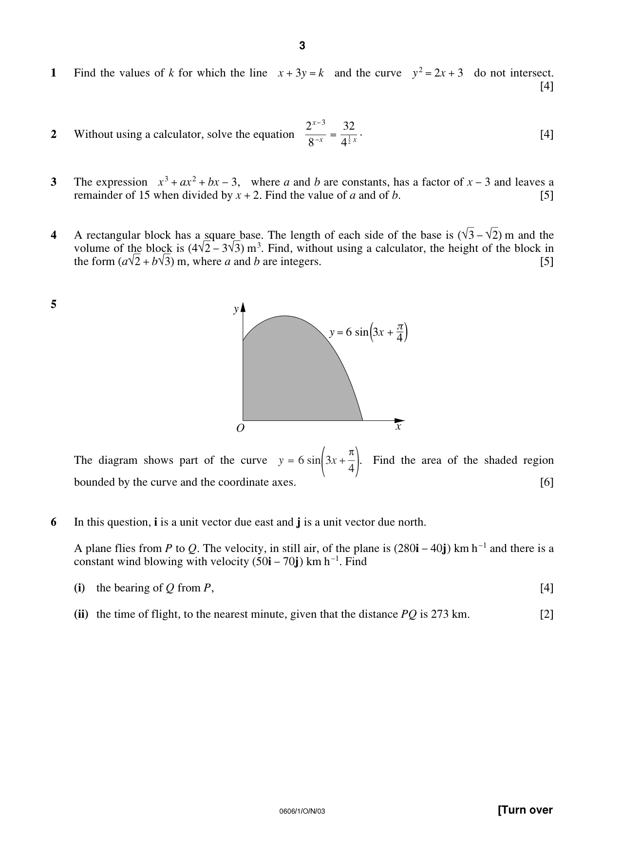 Cambridge IGCSE Mathematics - Additional 0606 2003 Oct/Nov Paper 1 · Variant 1 question paper, page 3 of 8