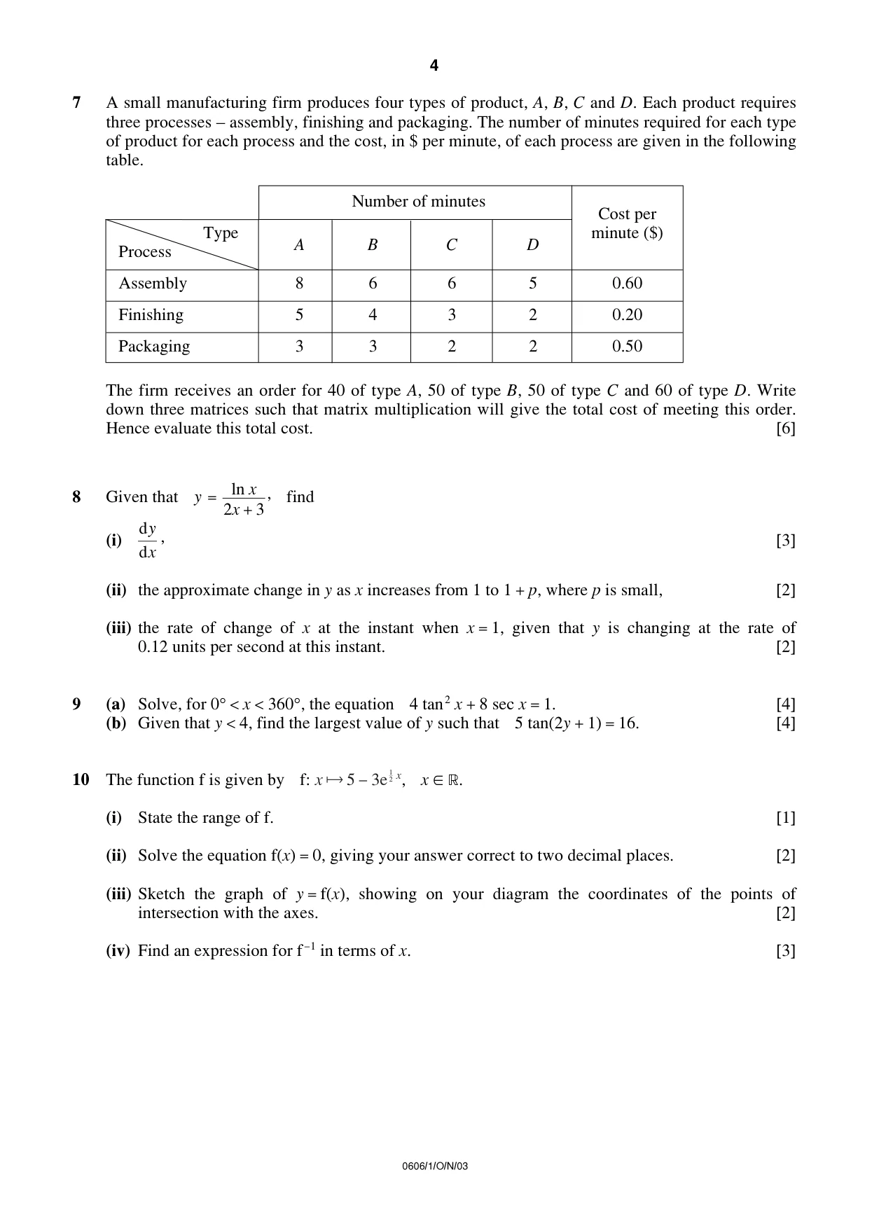 Cambridge IGCSE Mathematics - Additional 0606 2003 Oct/Nov Paper 1 · Variant 1 question paper, page 4 of 8