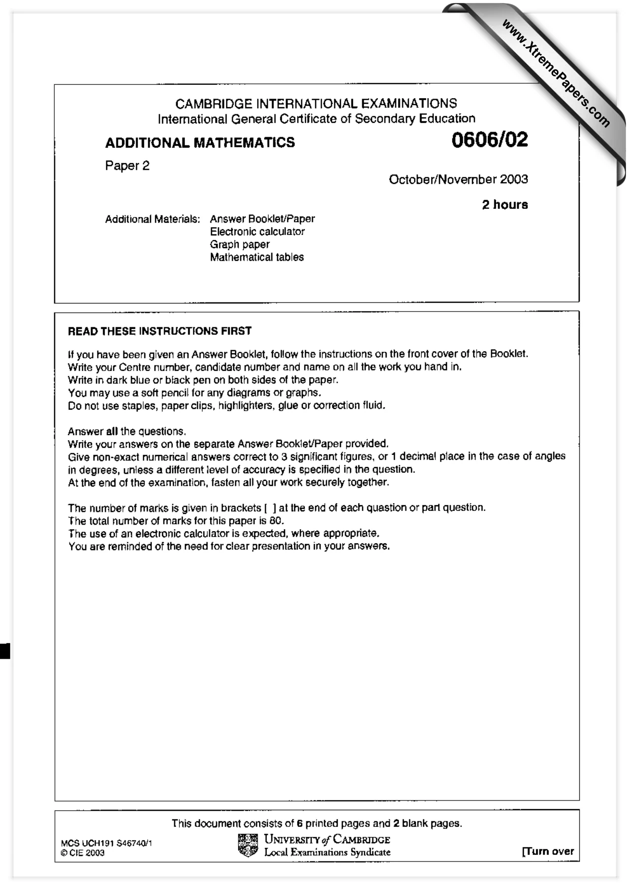 Cambridge IGCSE Mathematics - Additional 0606 2003 Oct/Nov Paper 2 · Variant 1 question paper, page 1 of 8