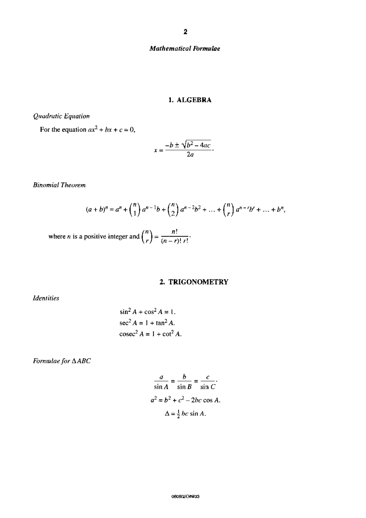 Cambridge IGCSE Mathematics - Additional 0606 2003 Oct/Nov Paper 2 · Variant 1 question paper, page 2 of 8