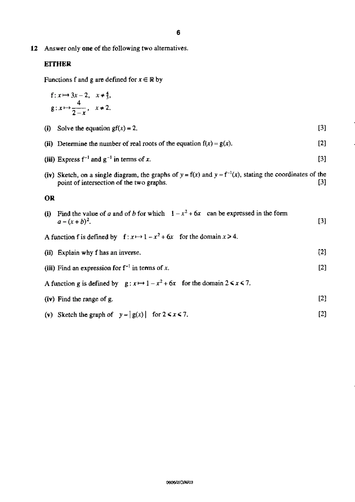 Cambridge IGCSE Mathematics - Additional 0606 2003 Oct/Nov Paper 2 · Variant 1 question paper, page 6 of 8