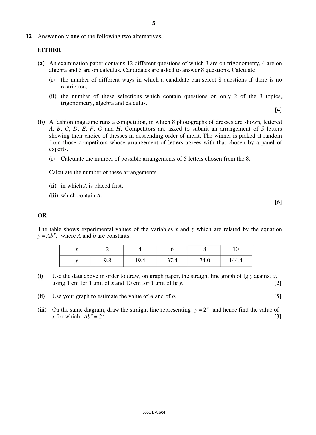 Cambridge IGCSE Mathematics - Additional 0606 2004 May/June Paper 1 · Variant 1 question paper, page 5 of 8