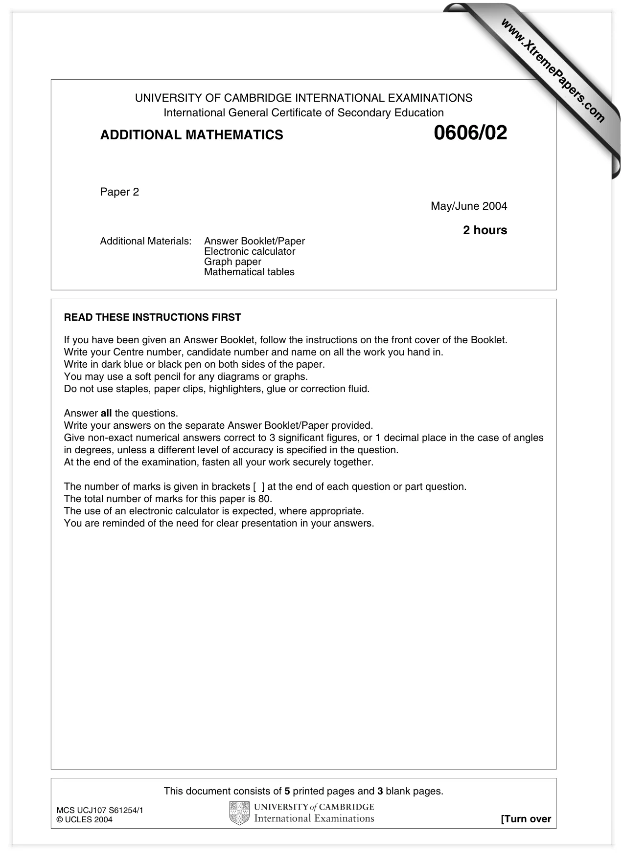 Cambridge IGCSE Mathematics - Additional 0606 2004 May/June Paper 2 · Variant 1 question paper, page 1 of 8