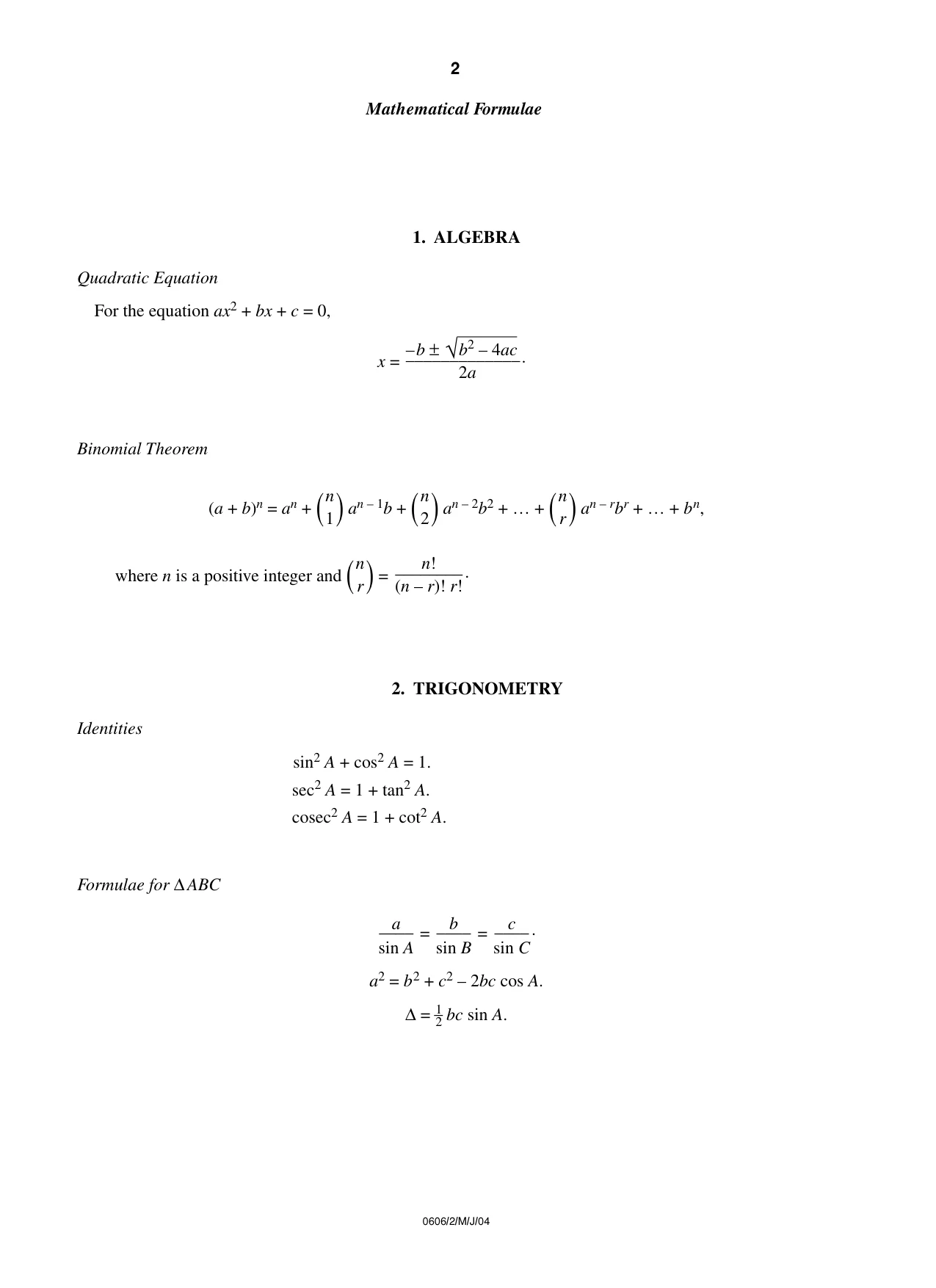 Cambridge IGCSE Mathematics - Additional 0606 2004 May/June Paper 2 · Variant 1 question paper, page 2 of 8