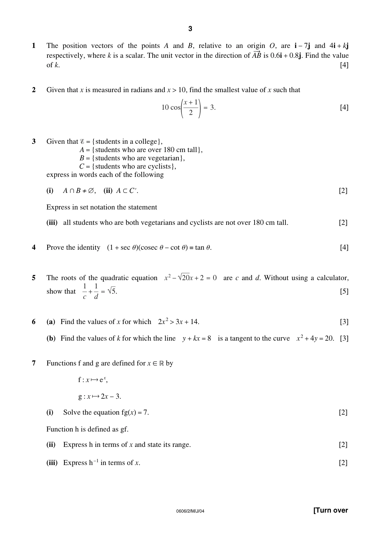 Cambridge IGCSE Mathematics - Additional 0606 2004 May/June Paper 2 · Variant 1 question paper, page 3 of 8