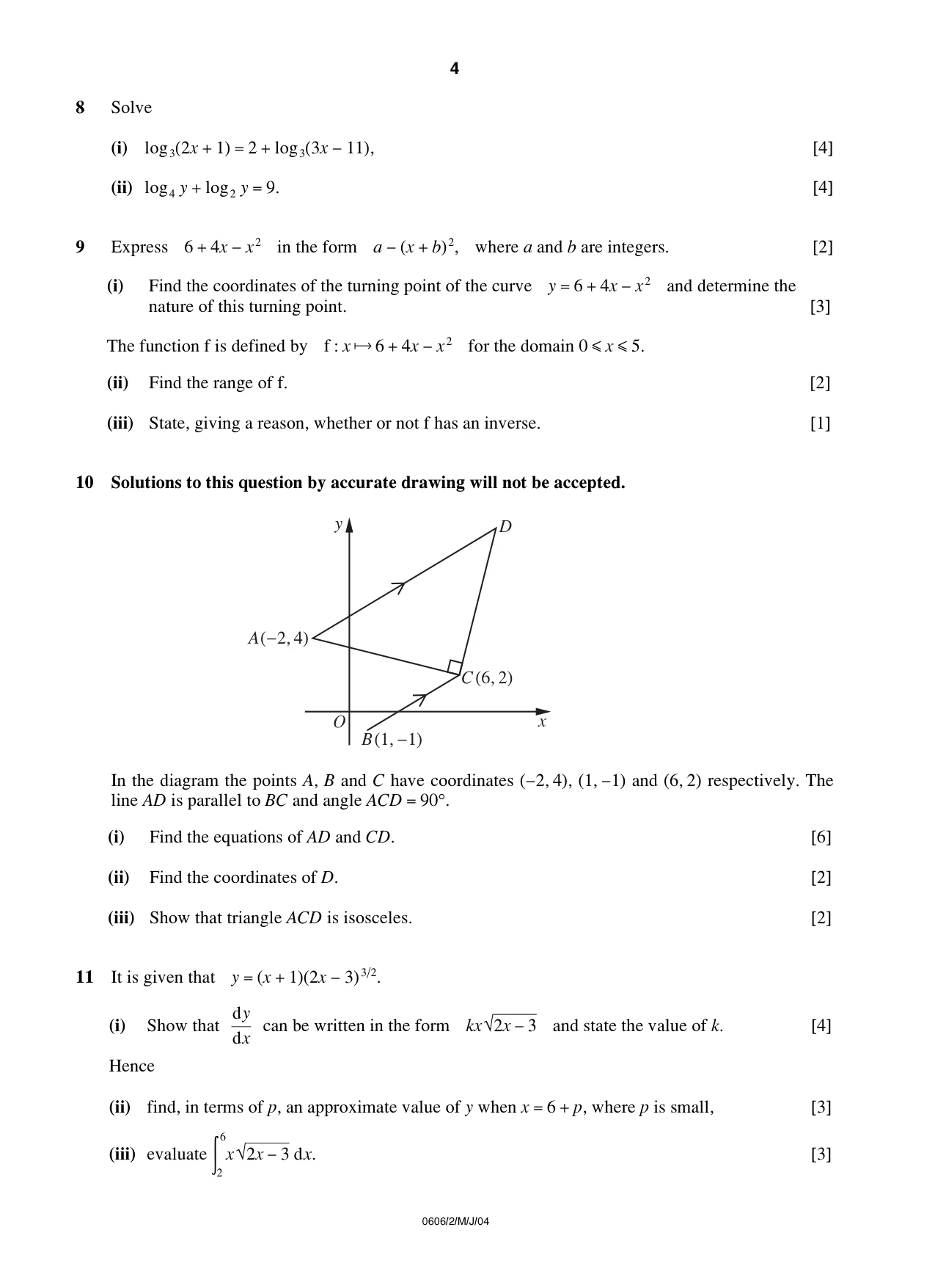 Cambridge IGCSE Mathematics - Additional 0606 2004 May/June Paper 2 · Variant 1 question paper, page 4 of 8