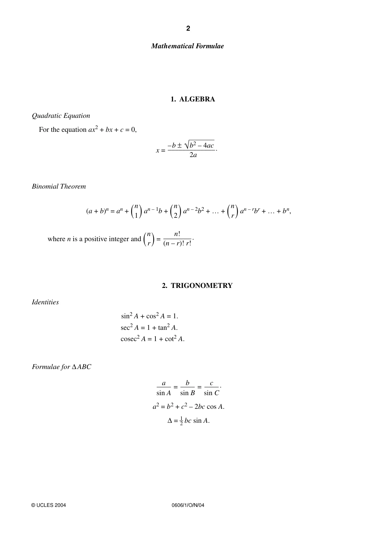Cambridge IGCSE Mathematics - Additional 0606 2004 Oct/Nov Paper 1 · Variant 1 question paper, page 2 of 8
