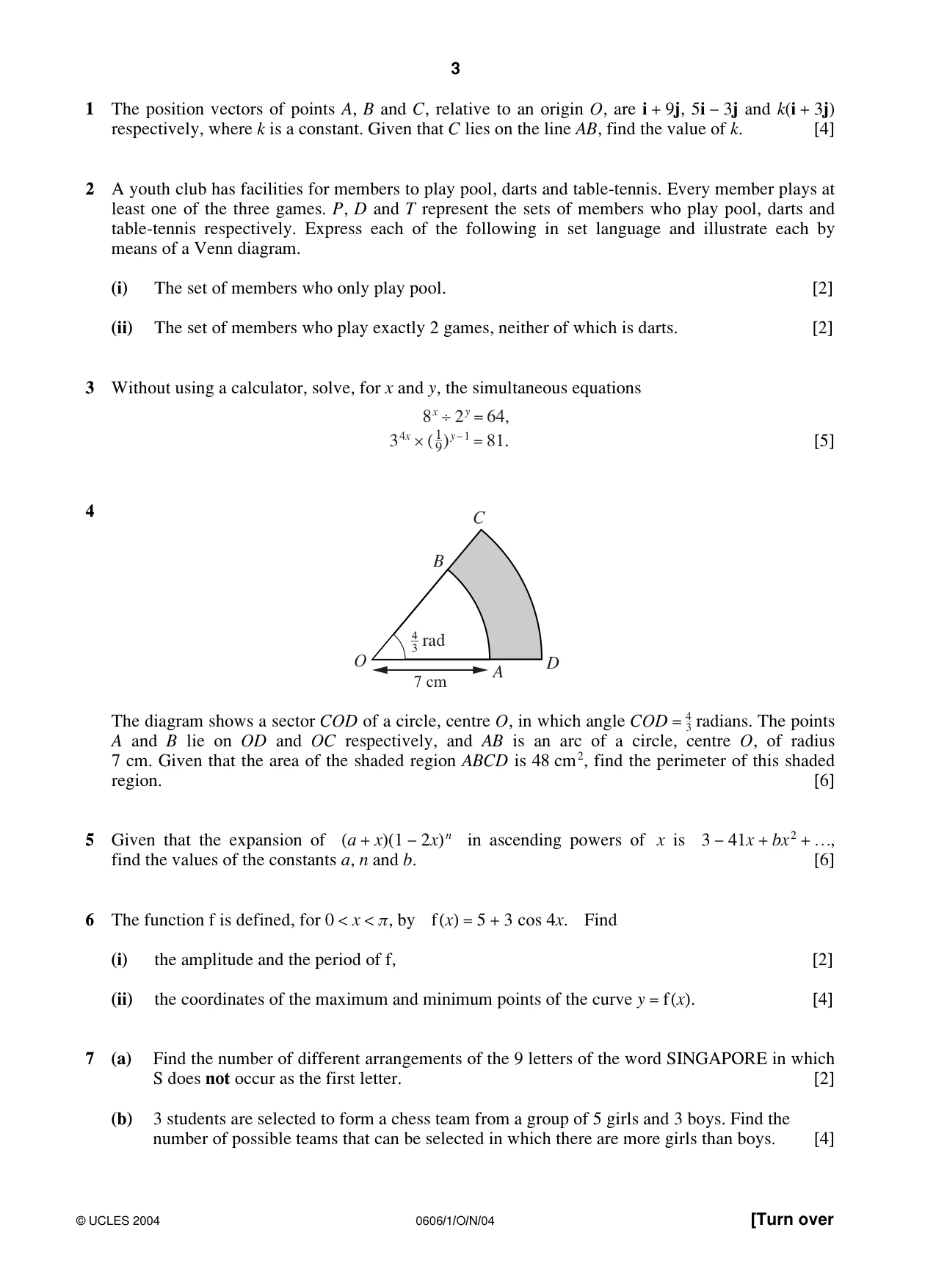Cambridge IGCSE Mathematics - Additional 0606 2004 Oct/Nov Paper 1 · Variant 1 question paper, page 3 of 8