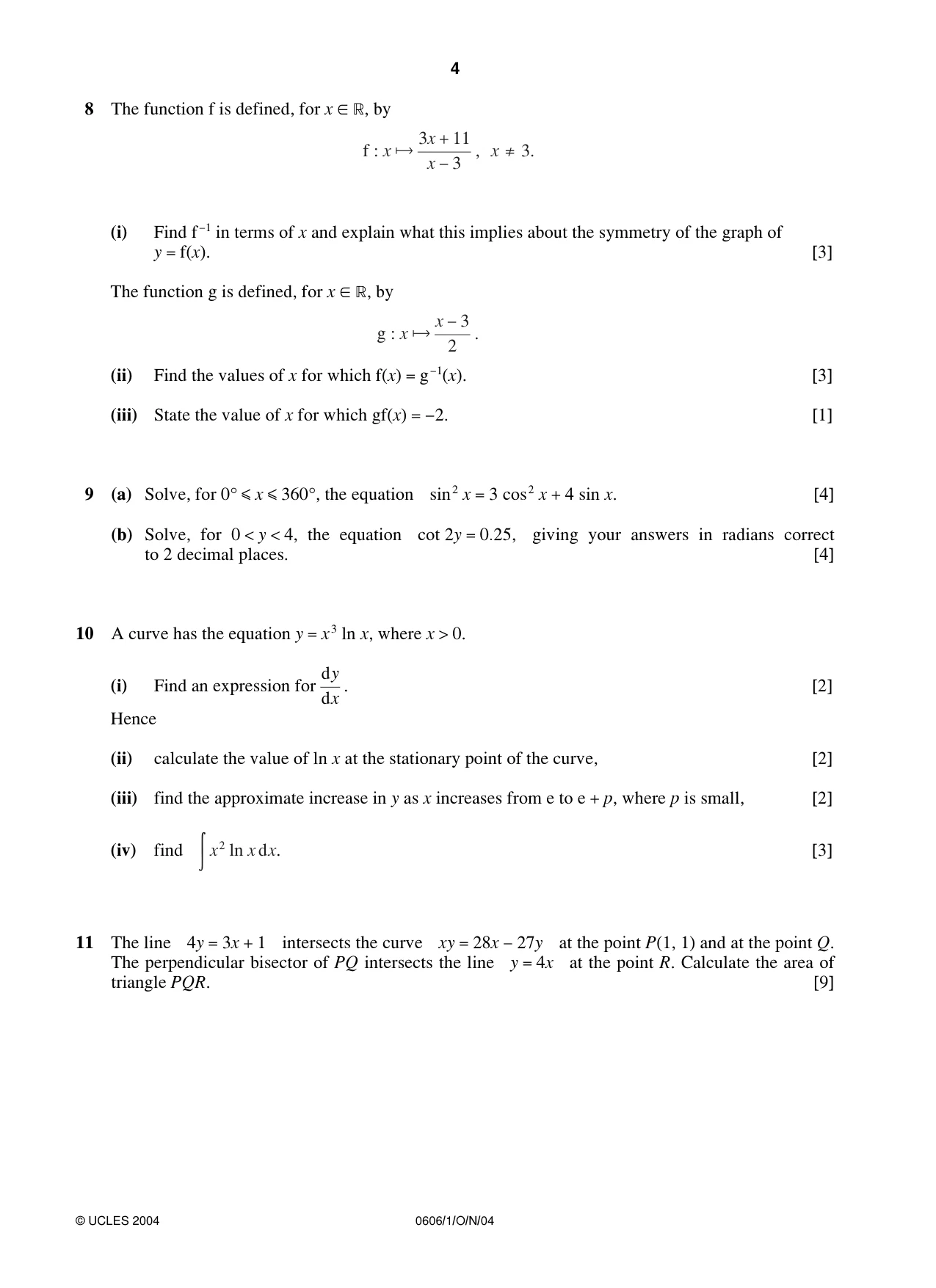 Cambridge IGCSE Mathematics - Additional 0606 2004 Oct/Nov Paper 1 · Variant 1 question paper, page 4 of 8