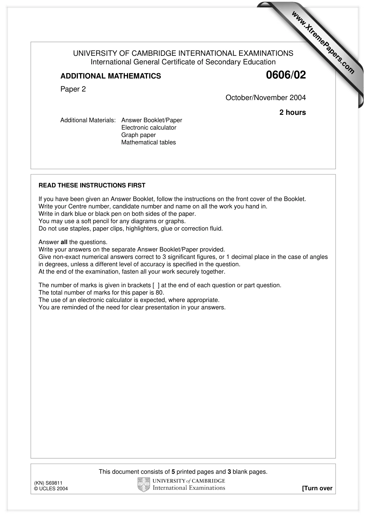 Cambridge IGCSE Mathematics - Additional 0606 2004 Oct/Nov Paper 2 · Variant 1 question paper, page 1 of 8