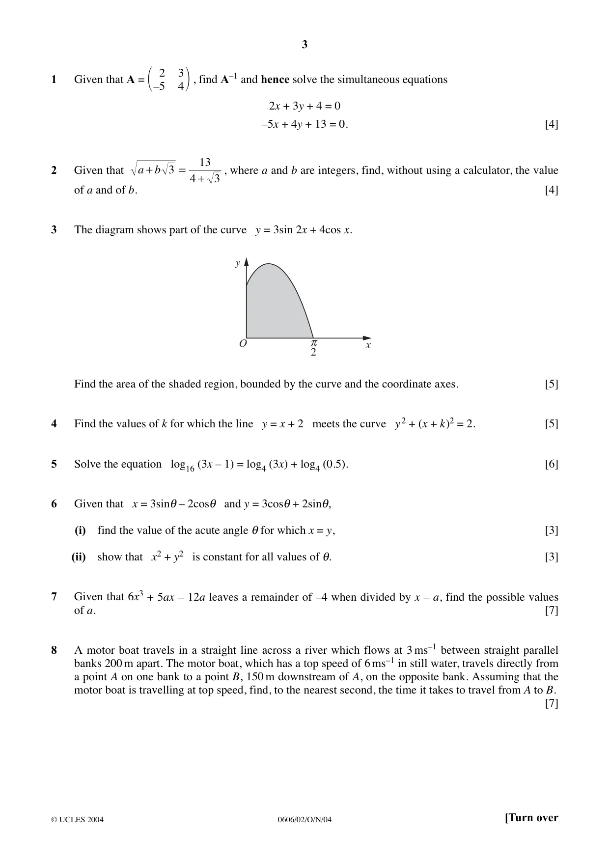 Cambridge IGCSE Mathematics - Additional 0606 2004 Oct/Nov Paper 2 · Variant 1 question paper, page 3 of 8