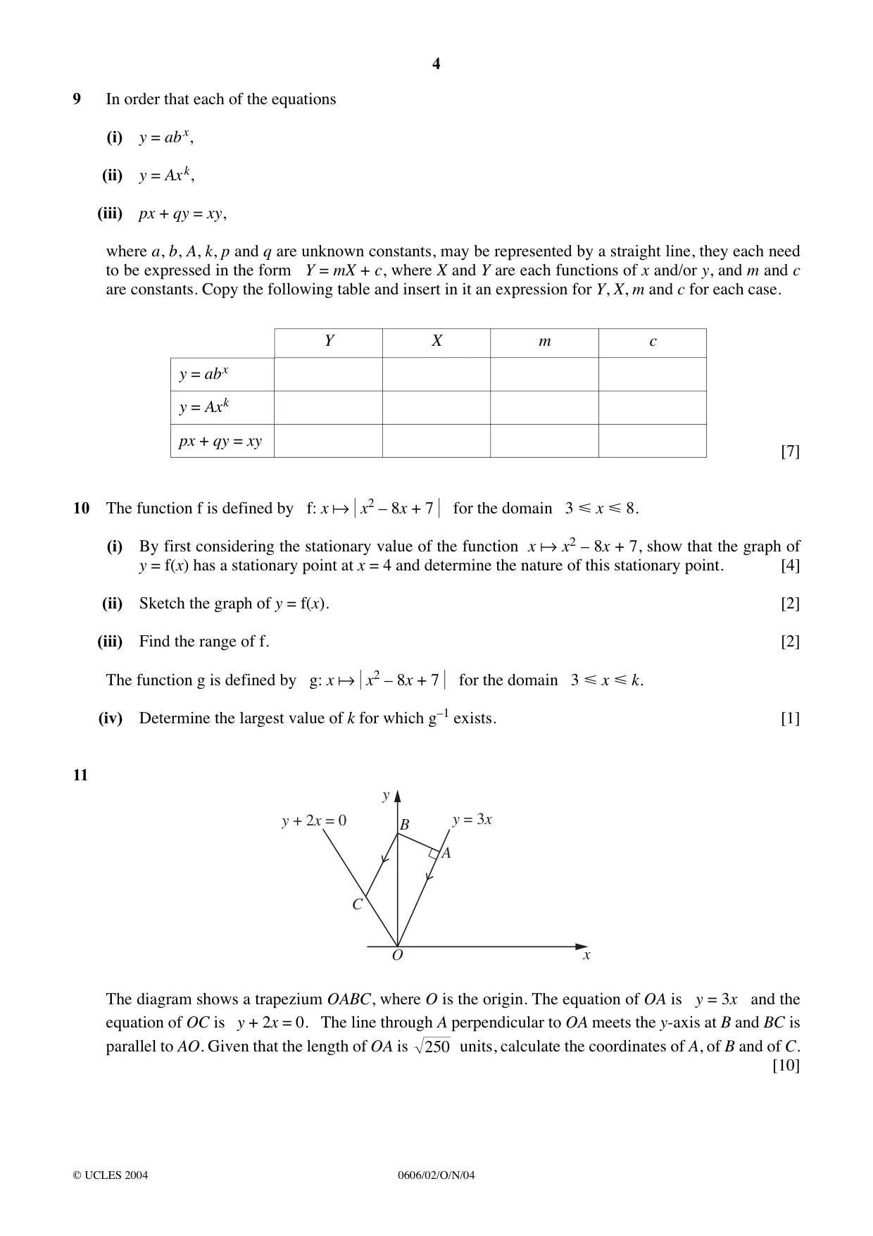 Cambridge IGCSE Mathematics - Additional 0606 2004 Oct/Nov Paper 2 · Variant 1 question paper, page 4 of 8