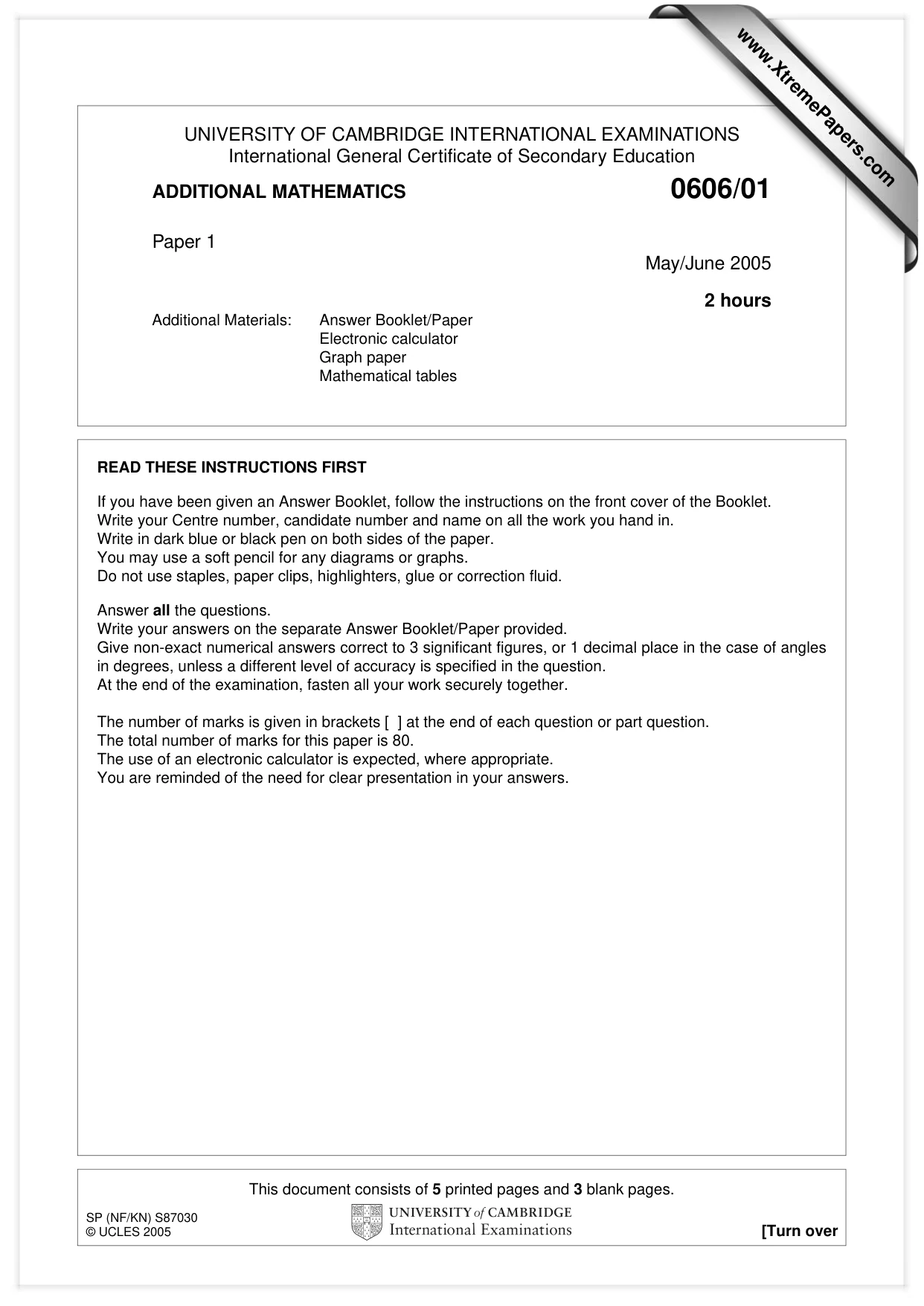 Cambridge IGCSE Mathematics - Additional 0606 2005 May/June Paper 1 · Variant 1 question paper, page 1 of 8