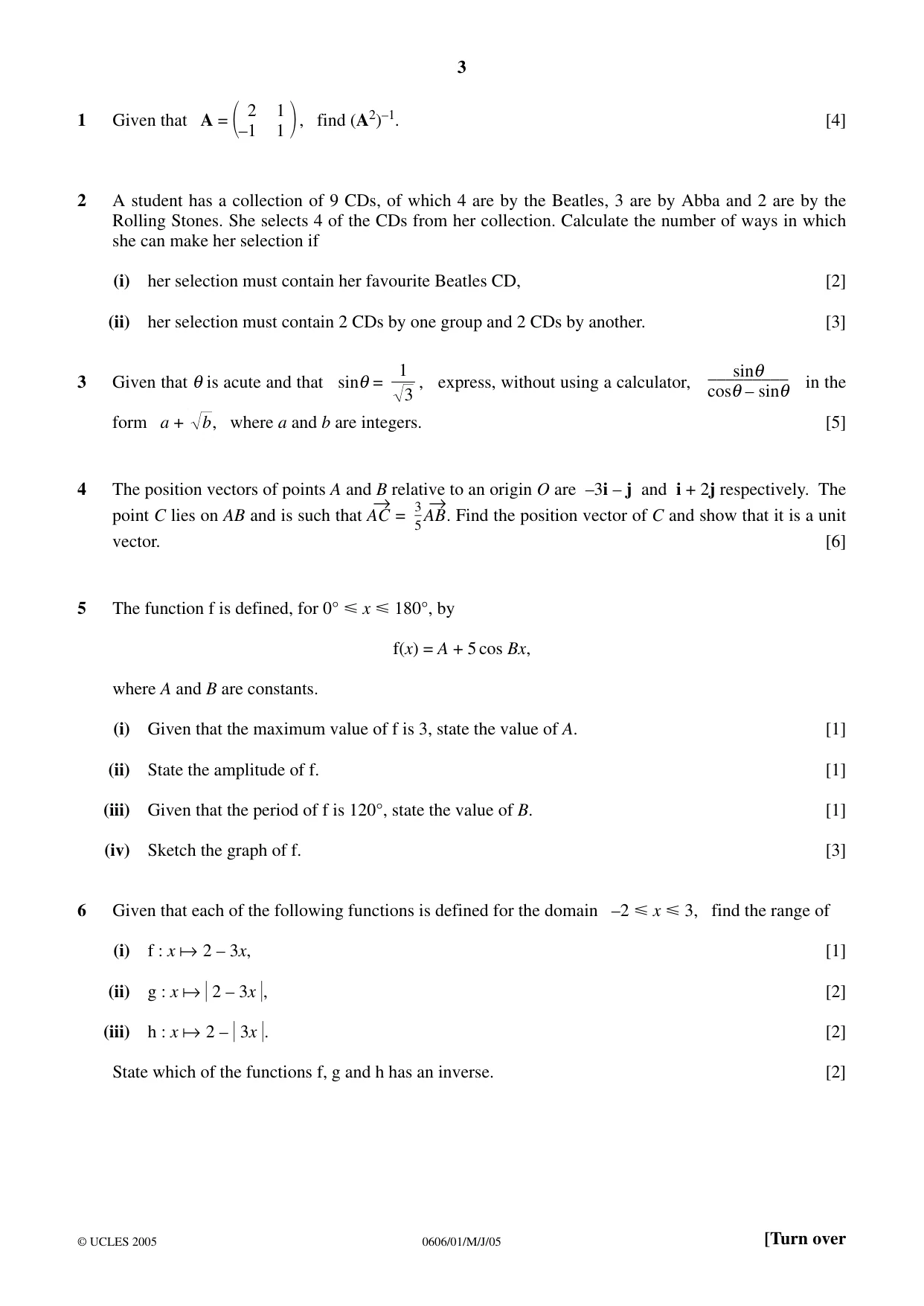 Cambridge IGCSE Mathematics - Additional 0606 2005 May/June Paper 1 · Variant 1 question paper, page 3 of 8