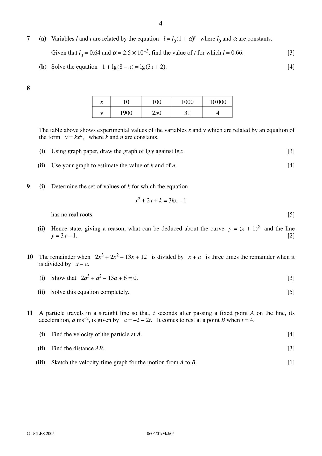 Cambridge IGCSE Mathematics - Additional 0606 2005 May/June Paper 1 · Variant 1 question paper, page 4 of 8