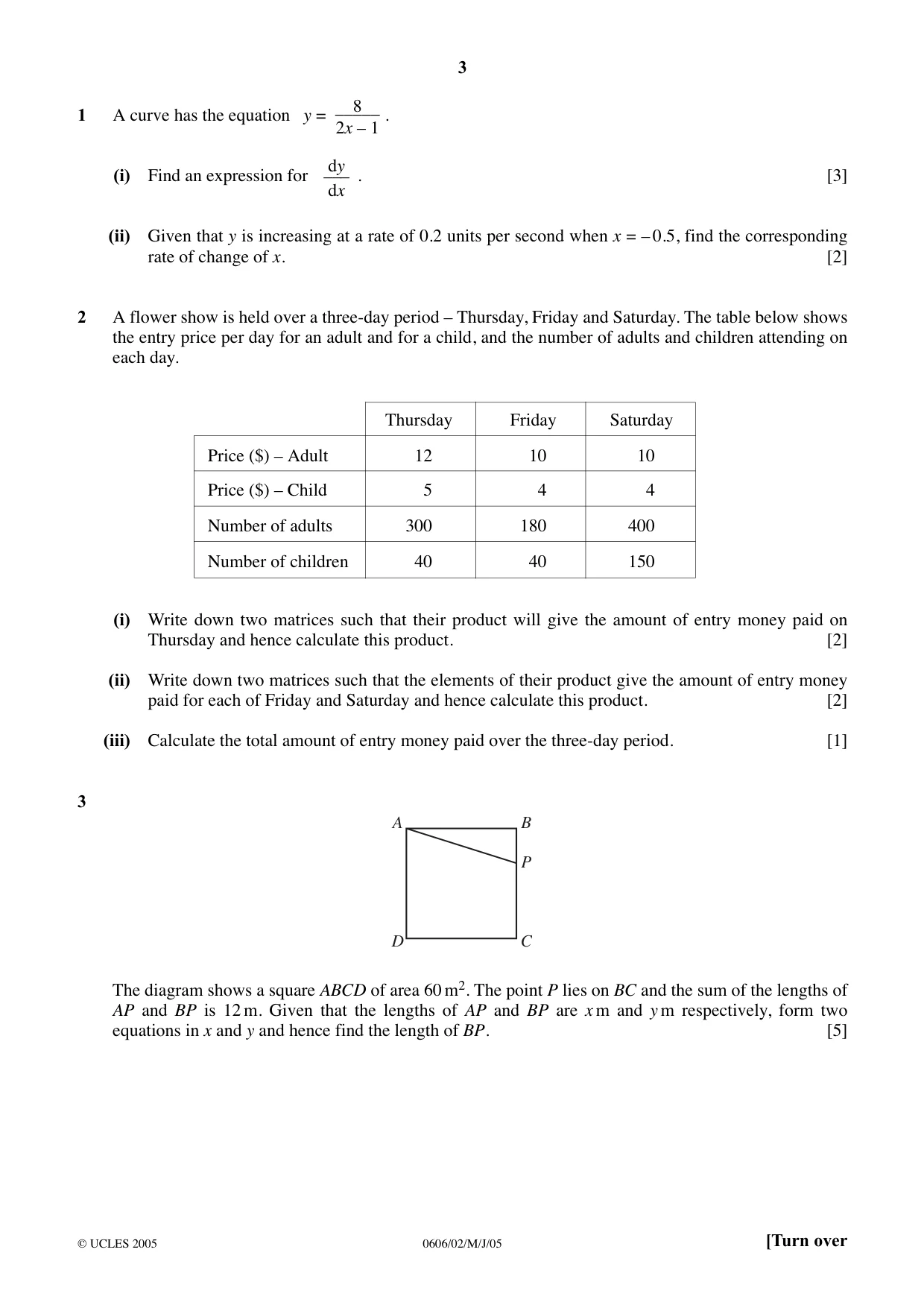 Cambridge IGCSE Mathematics - Additional 0606 2005 May/June Paper 2 · Variant 1 question paper, page 3 of 8