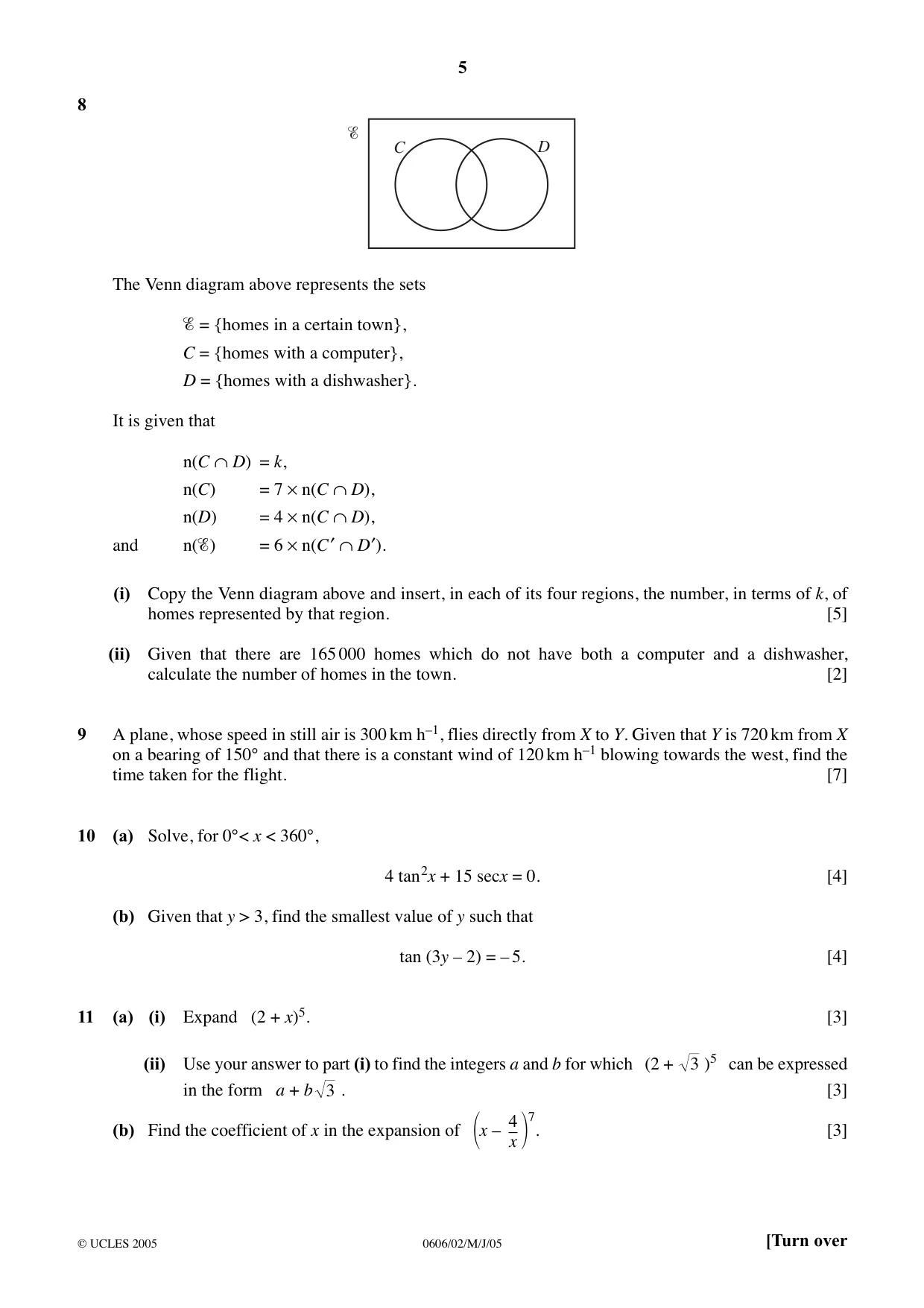 Cambridge IGCSE Mathematics - Additional 0606 2005 May/June Paper 2 · Variant 1 question paper, page 5 of 8