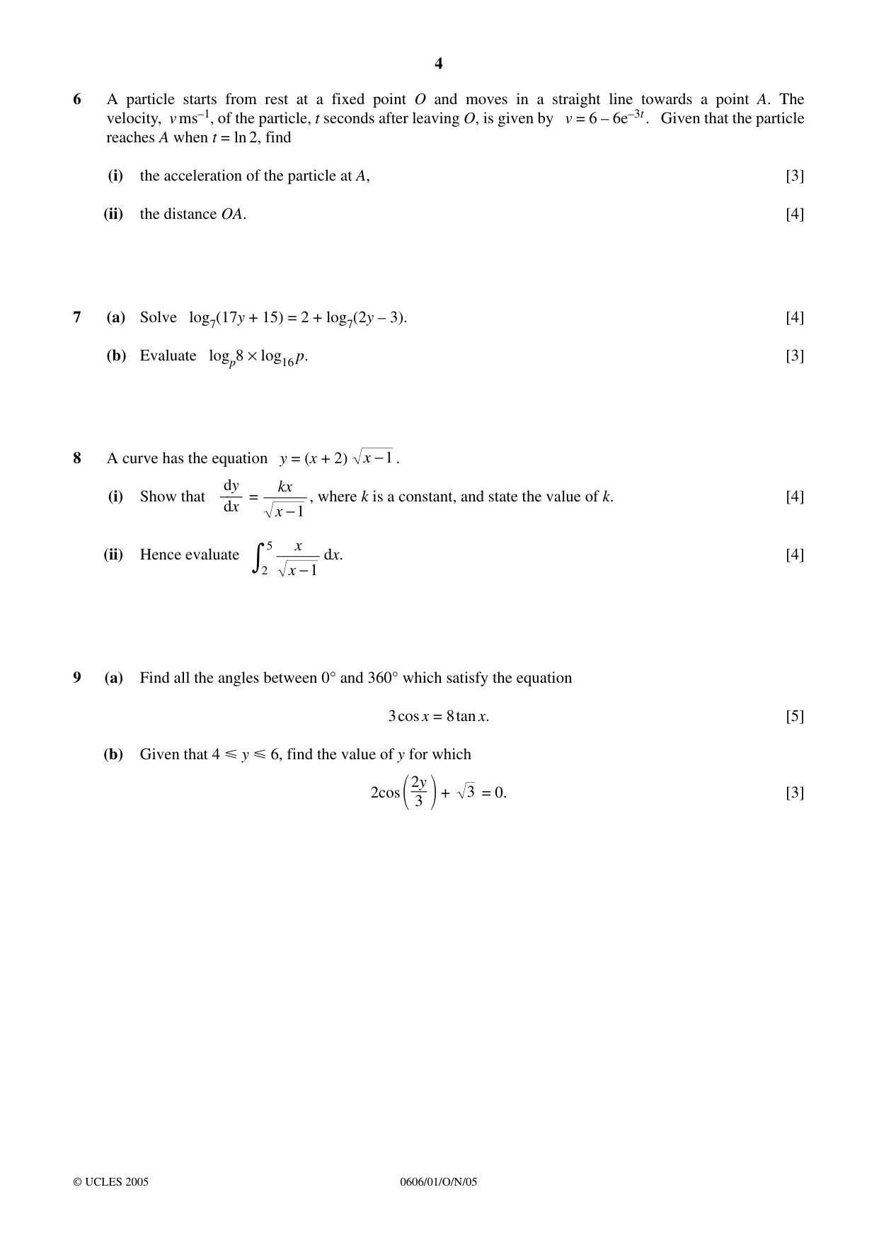 Cambridge IGCSE Mathematics - Additional 0606 2005 Oct/Nov Paper 1 · Variant 1 question paper, page 4 of 8