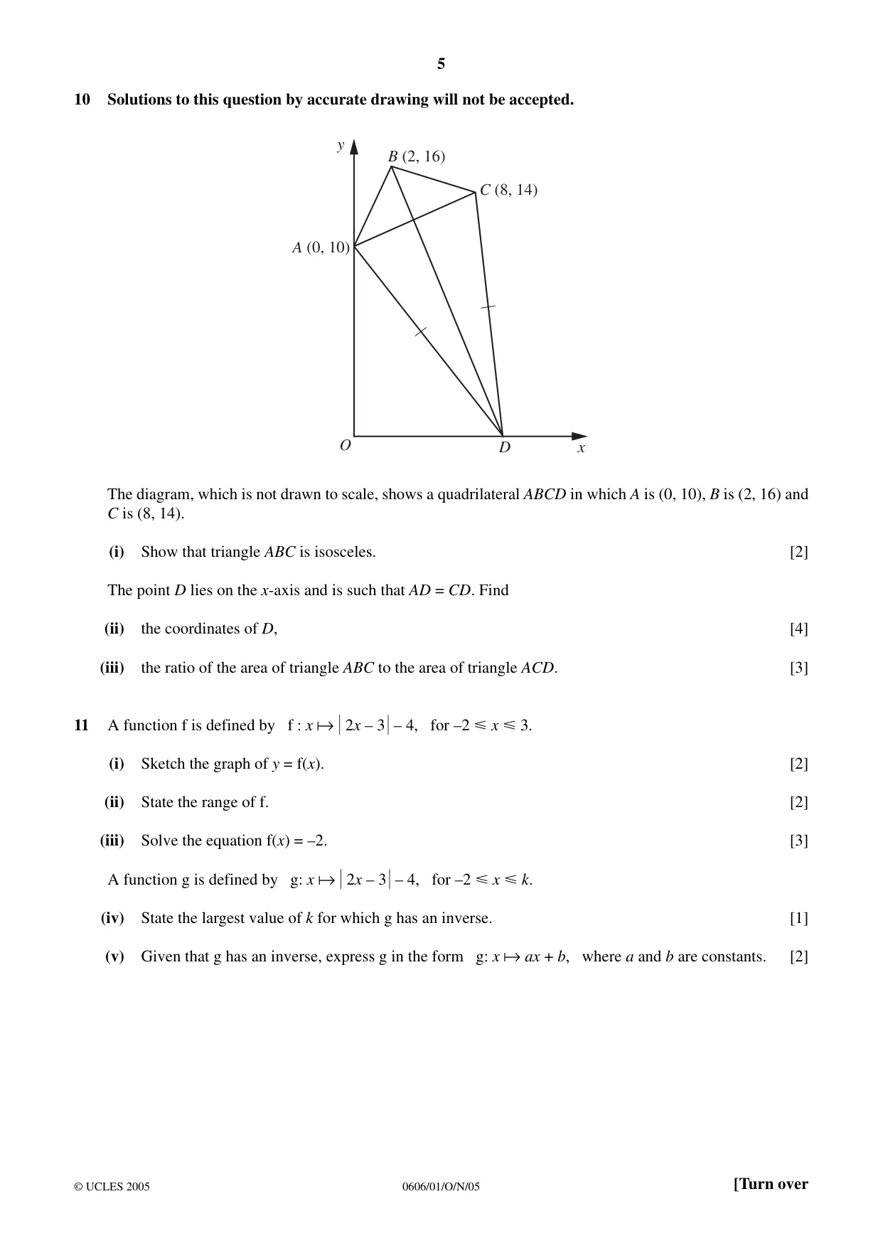 Cambridge IGCSE Mathematics - Additional 0606 2005 Oct/Nov Paper 1 · Variant 1 question paper, page 5 of 8