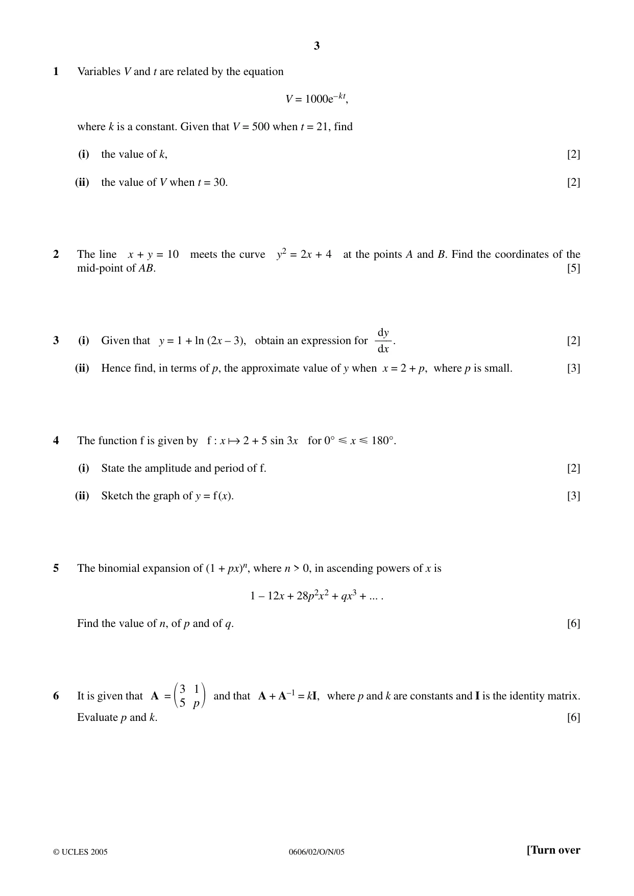 Cambridge IGCSE Mathematics - Additional 0606 2005 Oct/Nov Paper 2 · Variant 1 question paper, page 3 of 8