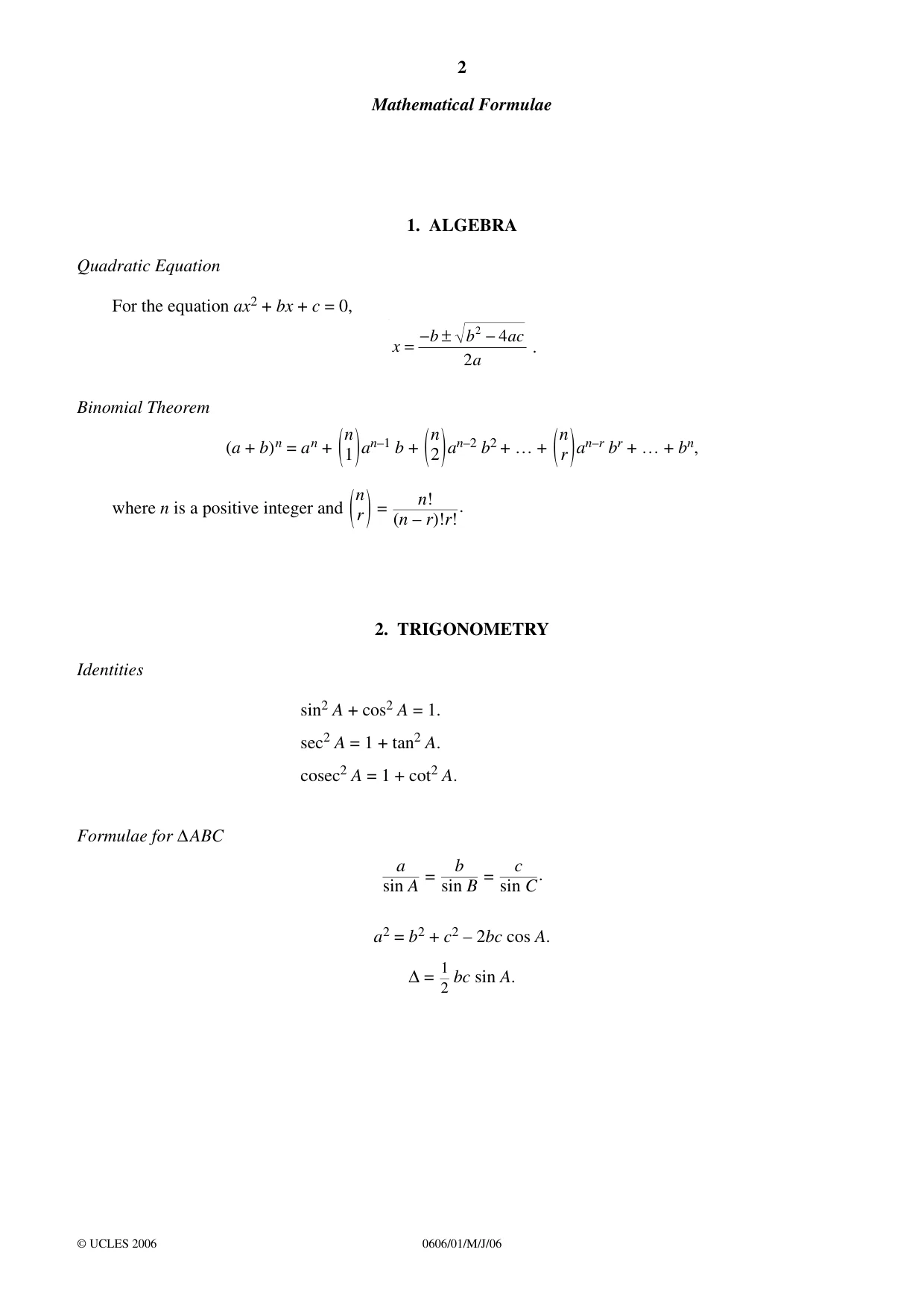 Cambridge IGCSE Mathematics - Additional 0606 2006 May/June Paper 1 · Variant 1 question paper, page 2 of 8