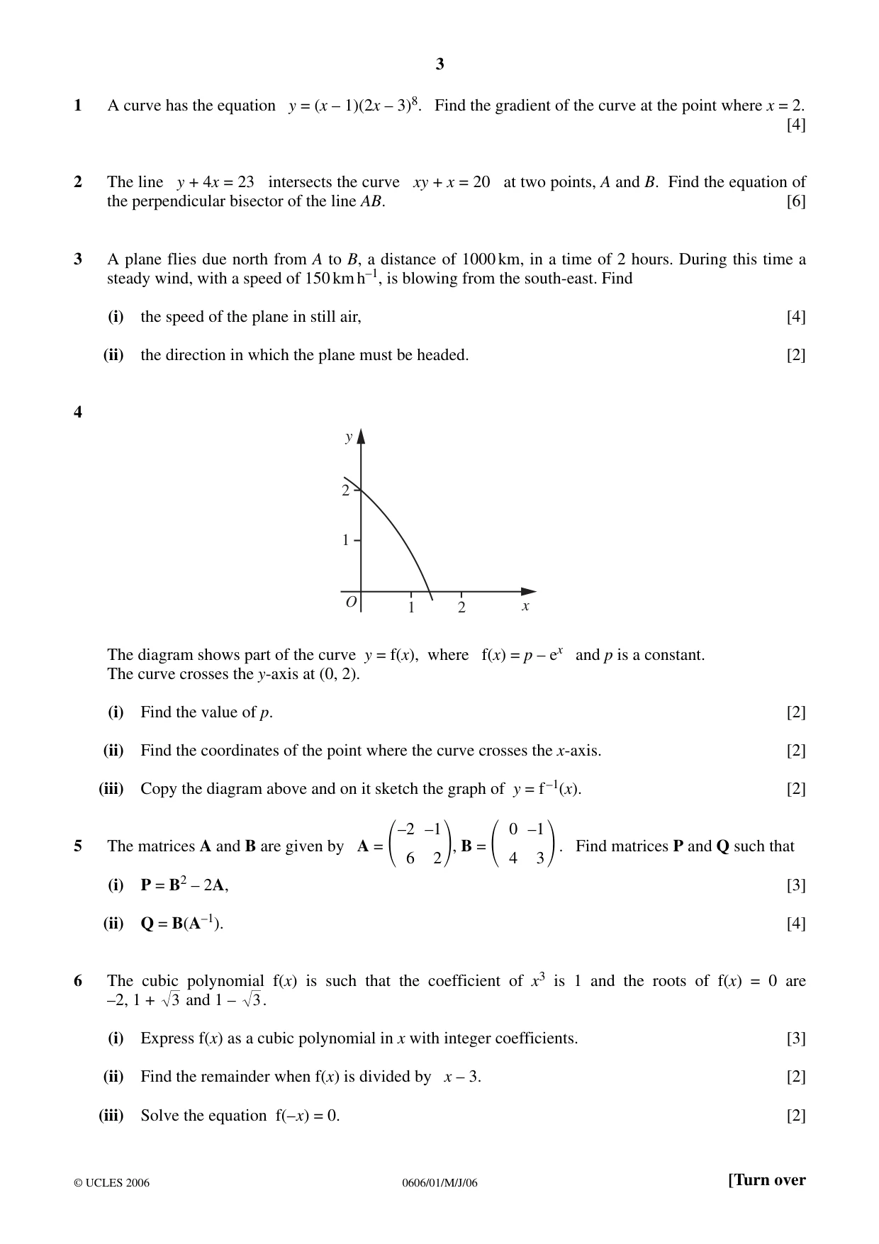 Cambridge IGCSE Mathematics - Additional 0606 2006 May/June Paper 1 · Variant 1 question paper, page 3 of 8