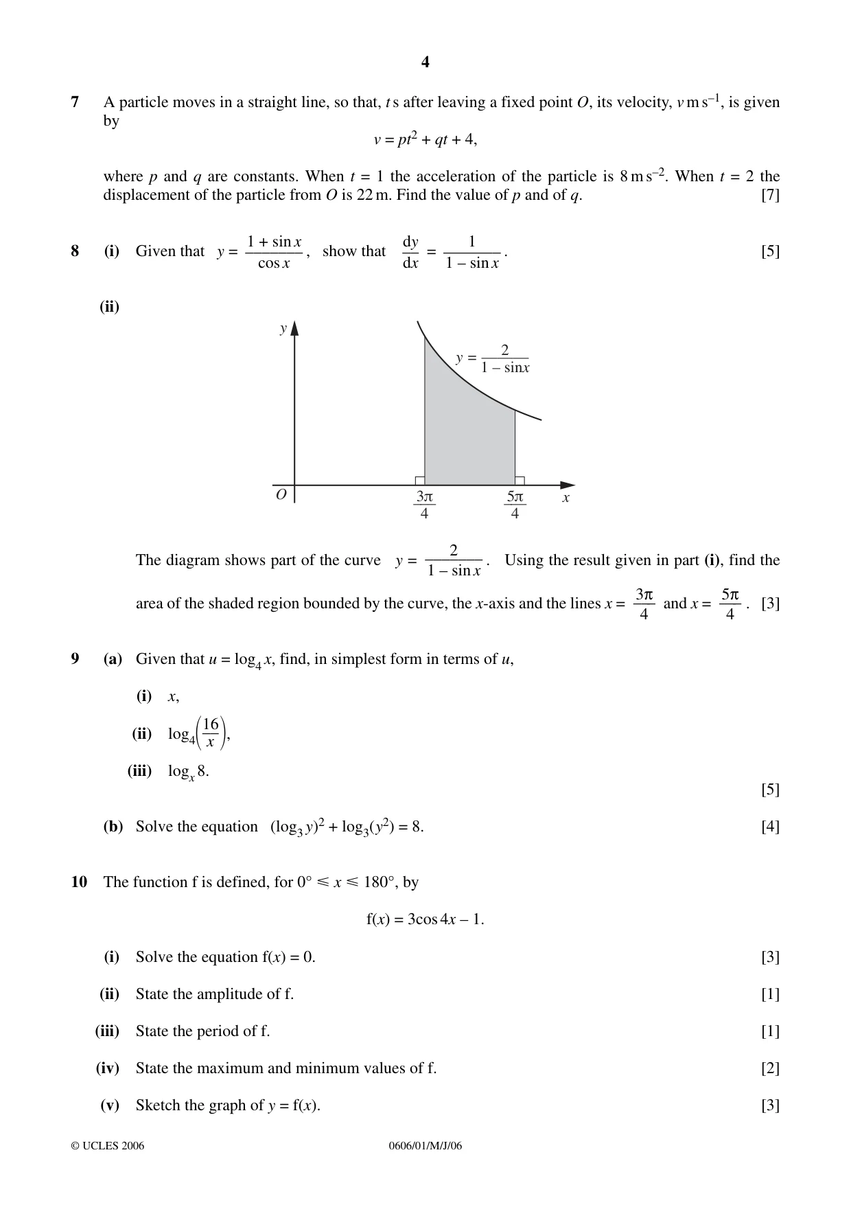 Cambridge IGCSE Mathematics - Additional 0606 2006 May/June Paper 1 · Variant 1 question paper, page 4 of 8