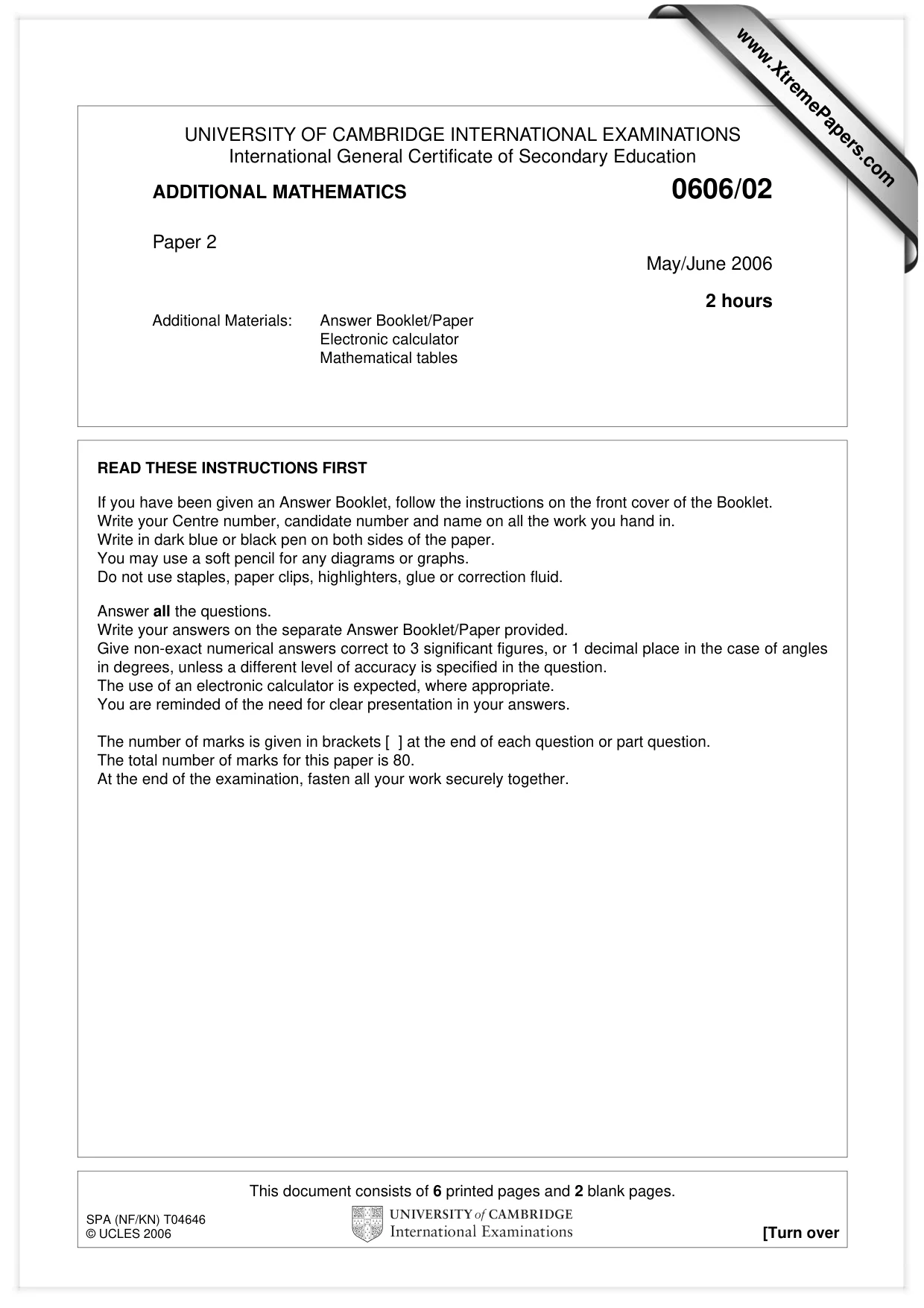 Cambridge IGCSE Mathematics - Additional 0606 2006 May/June Paper 2 · Variant 1 question paper, page 1 of 8