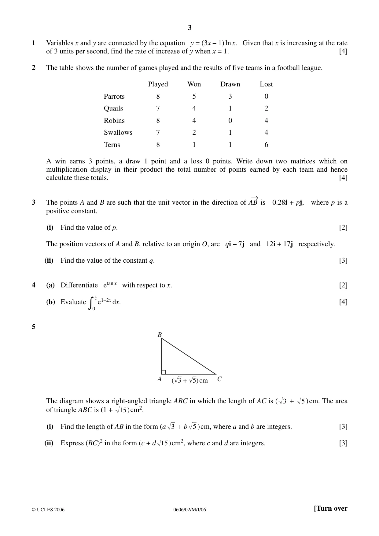 Cambridge IGCSE Mathematics - Additional 0606 2006 May/June Paper 2 · Variant 1 question paper, page 3 of 8